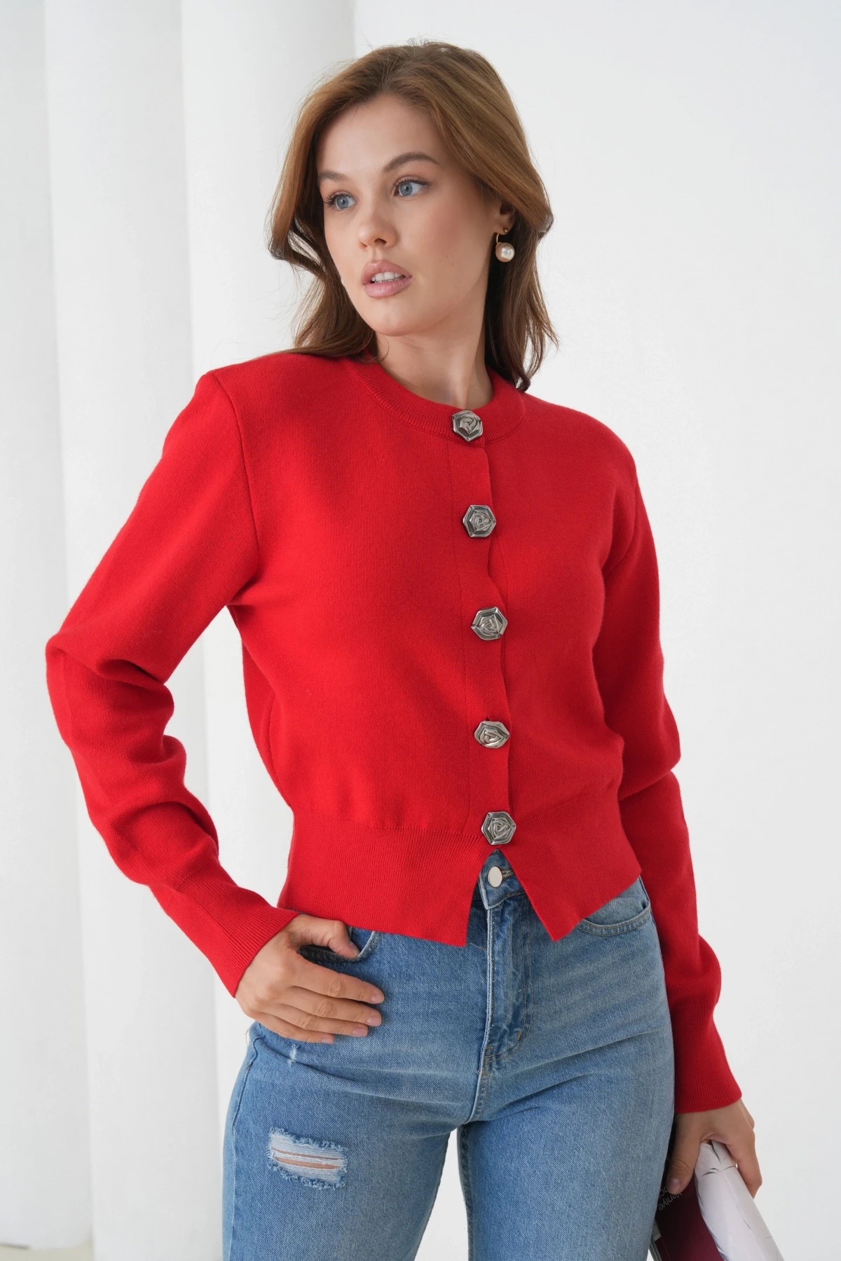 Kadın Bisiklet Yaka Düğme Detylı  Premium İplik Triko Ceket 12319.Crs