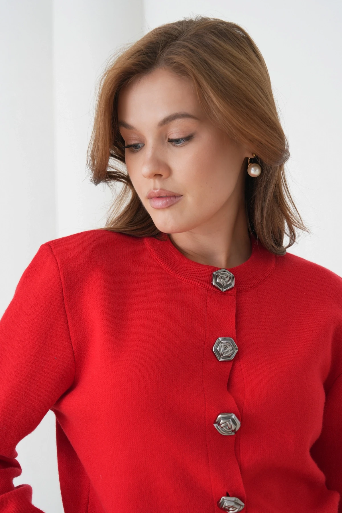 Kadın Bisiklet Yaka Düğme Detylı  Premium İplik Triko Ceket 12319.Crs