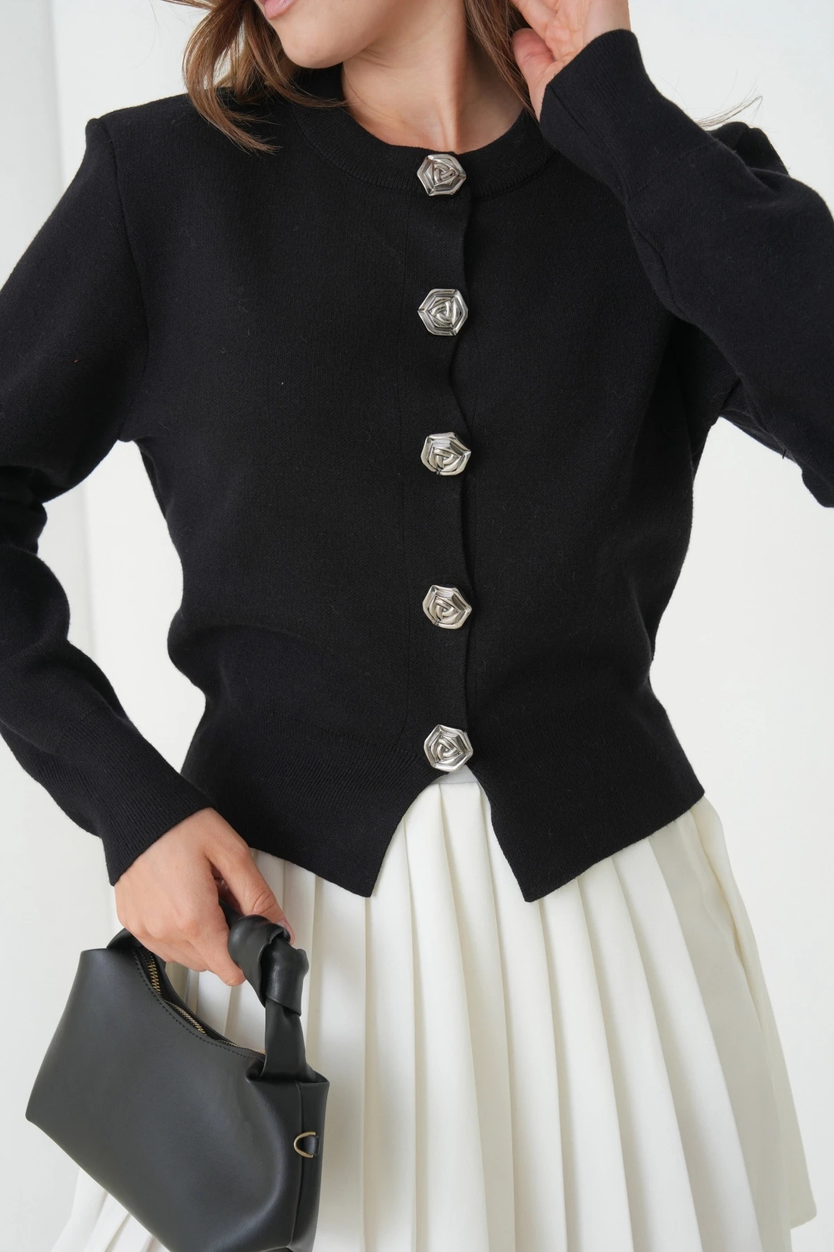 Kadın Bisiklet Yaka Düğme Detylı  Premium İplik Triko Ceket 12319.Crs