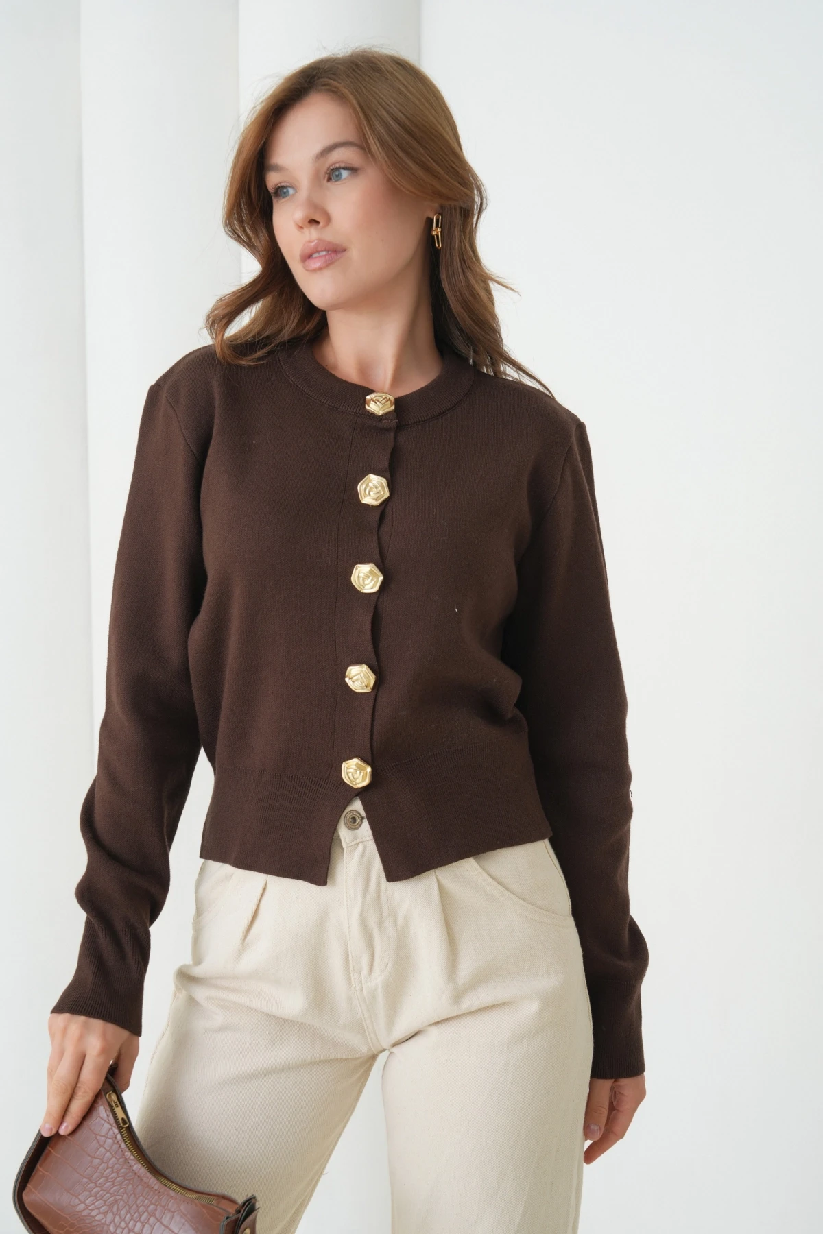 Kadın Bisiklet Yaka Düğme Detylı  Premium İplik Triko Ceket 12319.Crs