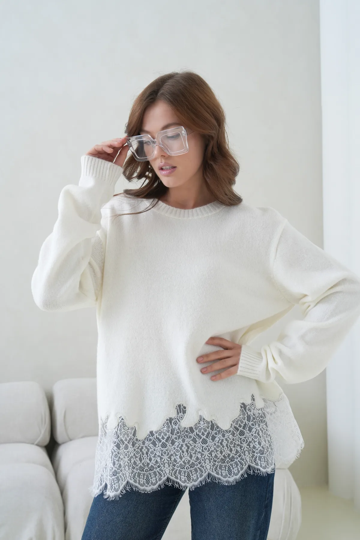 Kadın Bisiklet Yaka Düşük Kol Etek Ucu Dantelli Triko Kazak 8706