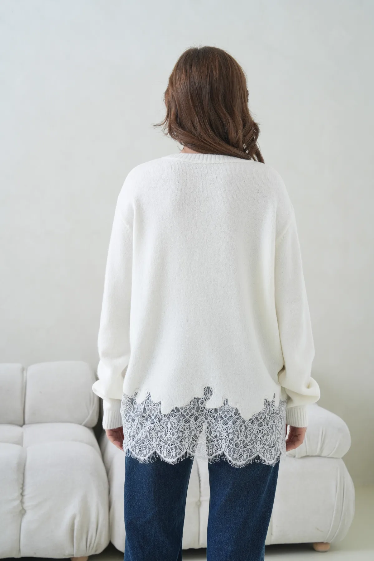 Kadın Bisiklet Yaka Düşük Kol Etek Ucu Dantelli Triko Kazak 8706