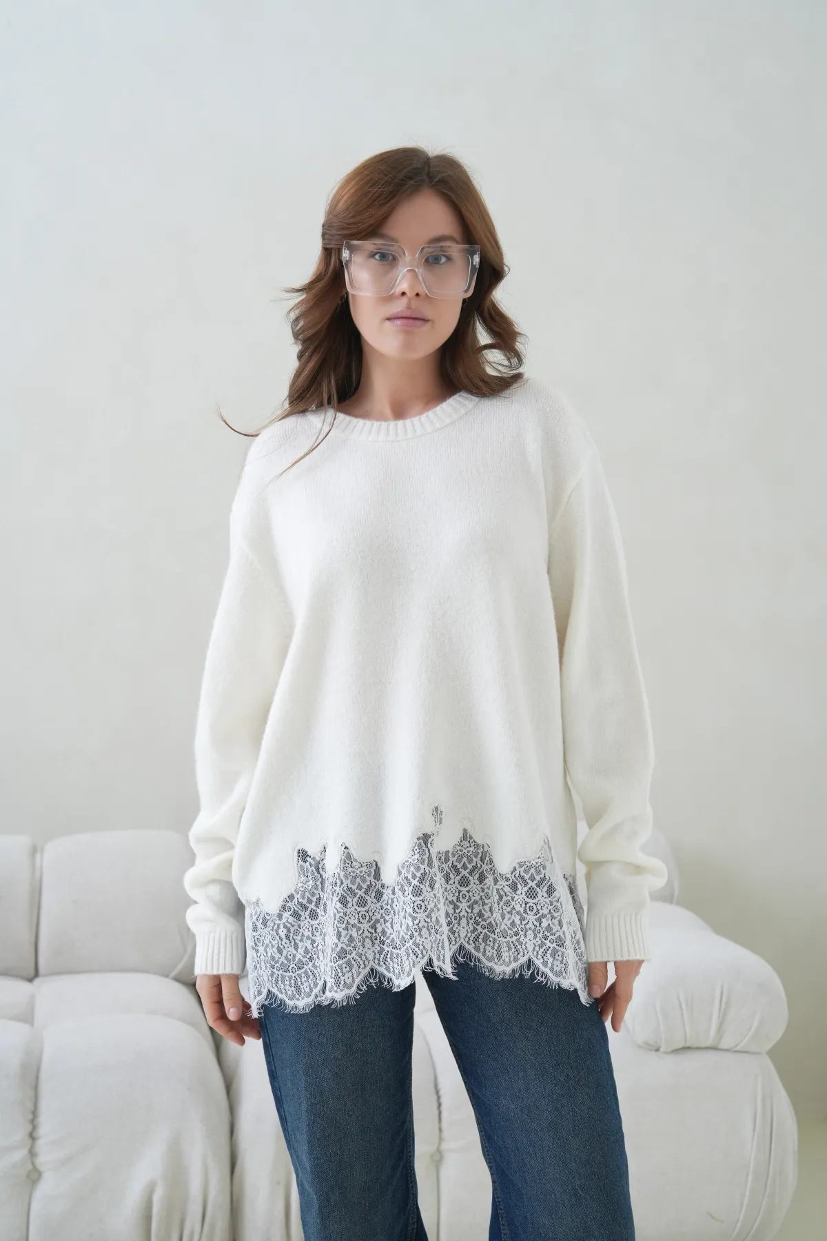 Kadın Bisiklet Yaka Düşük Kol Etek Ucu Dantelli Triko Kazak 8706