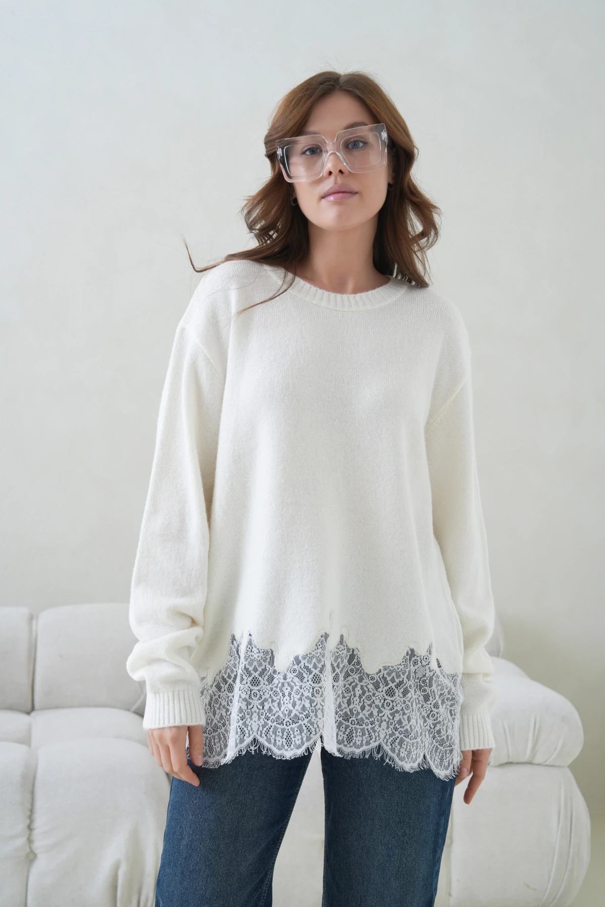 Kadın Bisiklet Yaka Düşük Kol Etek Ucu Dantelli Triko Kazak 8706