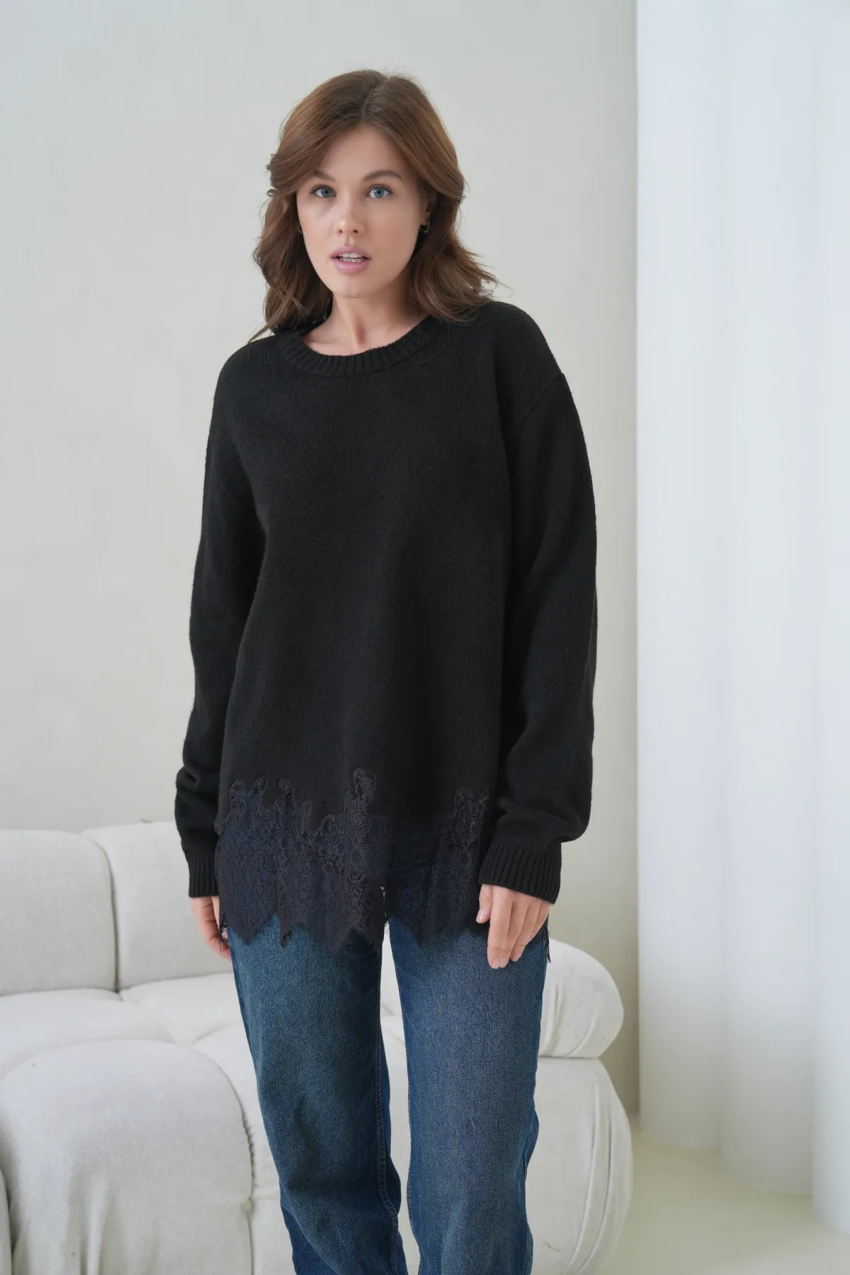 Kadın Bisiklet Yaka Düşük Kol Etek Ucu Dantelli Triko Kazak 8706