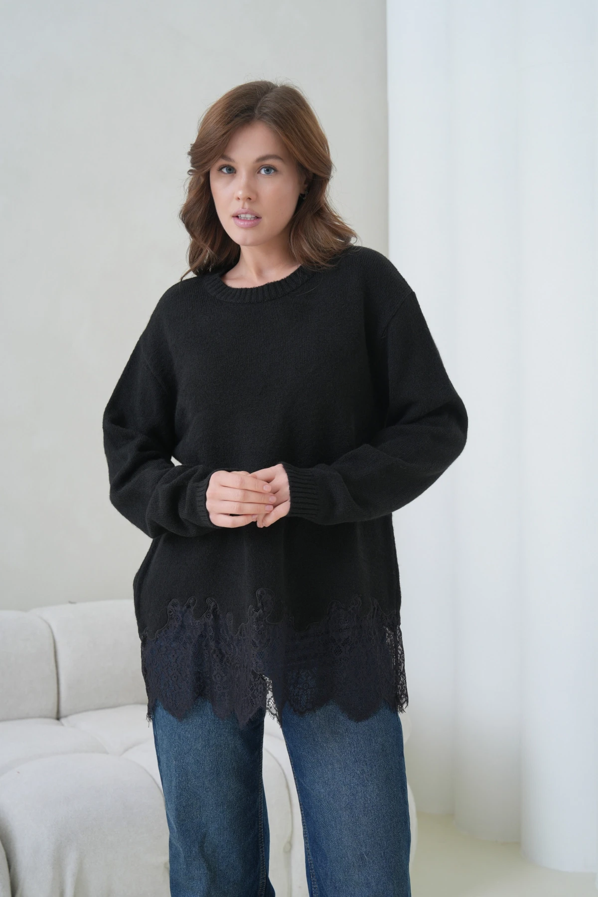 Kadın Bisiklet Yaka Düşük Kol Etek Ucu Dantelli Triko Kazak 8706