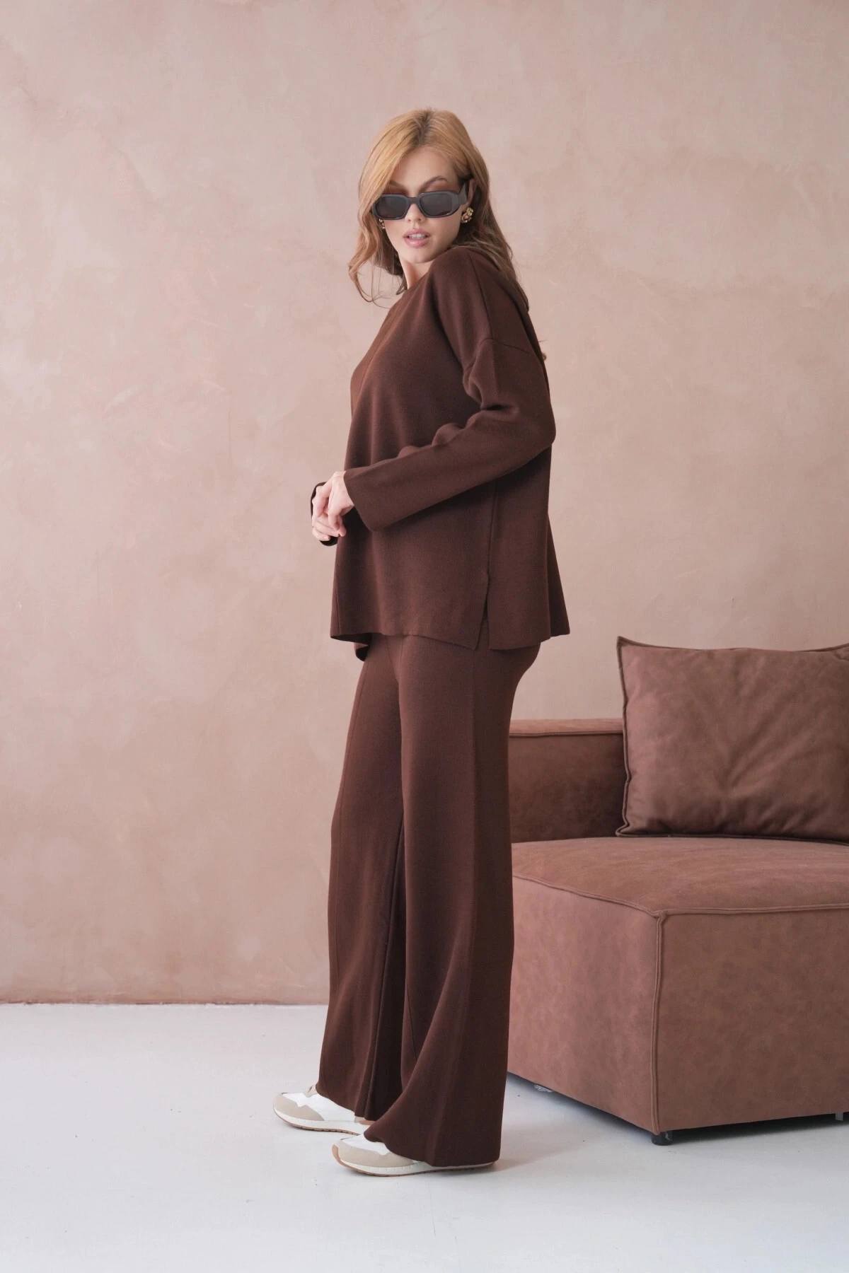 Kadın Bisiklet Yaka Düşük Kol Kazak Pantolon İkili Triko Takım