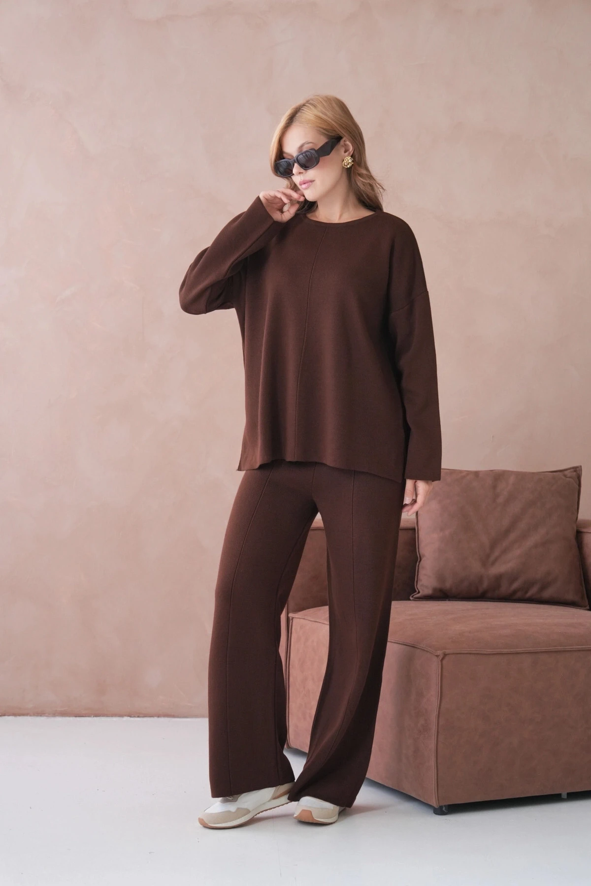 Kadın Bisiklet Yaka Düşük Kol Kazak Pantolon İkili Triko Takım