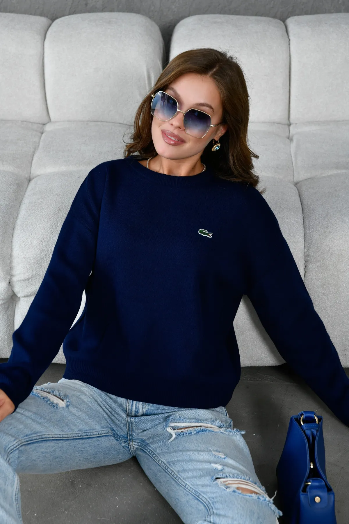 Kadın Bisiklet Yaka Düşük Omuz Salaş Triko Kazak 10946