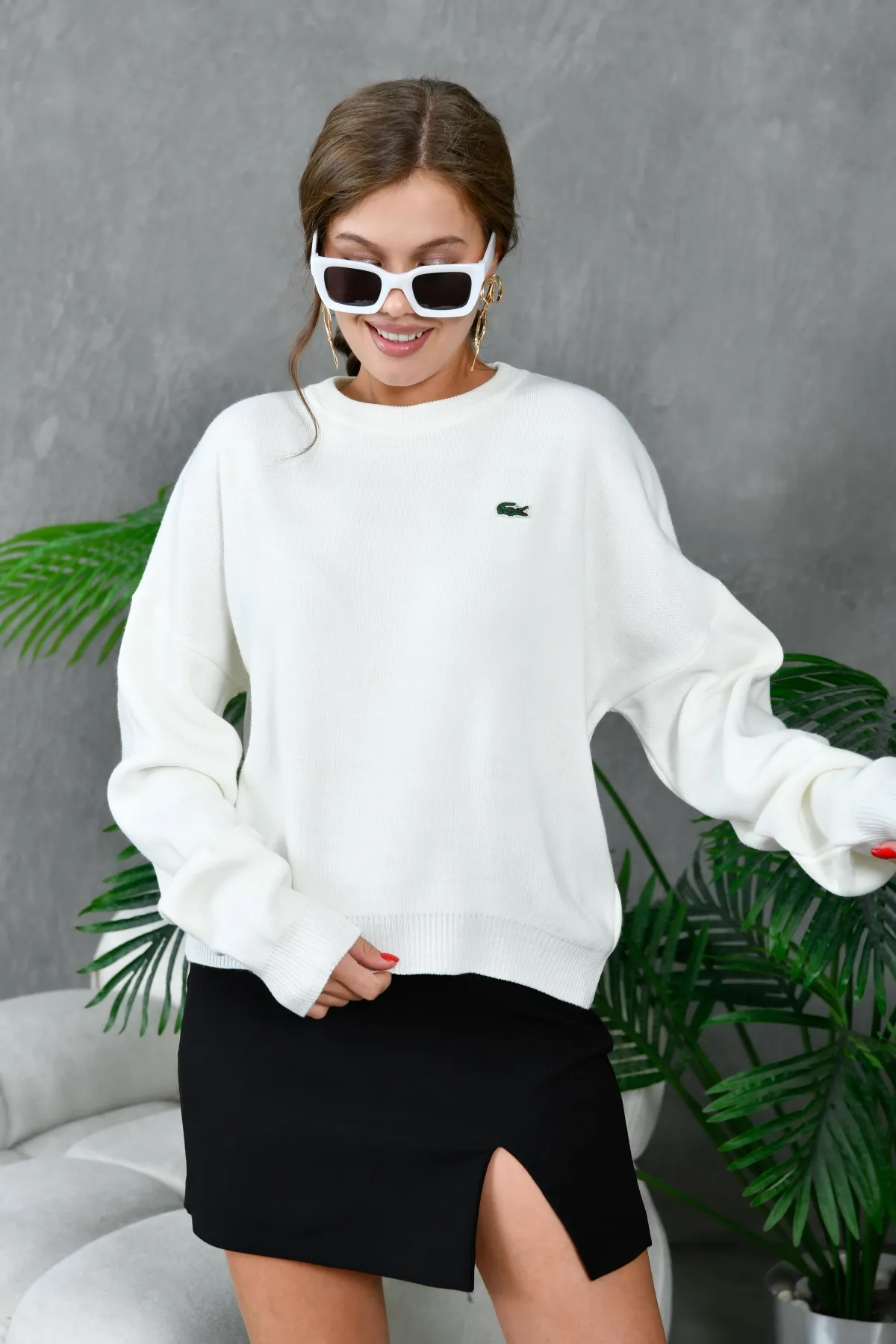 Kadın Bisiklet Yaka Düşük Omuz Salaş Triko Kazak 10946