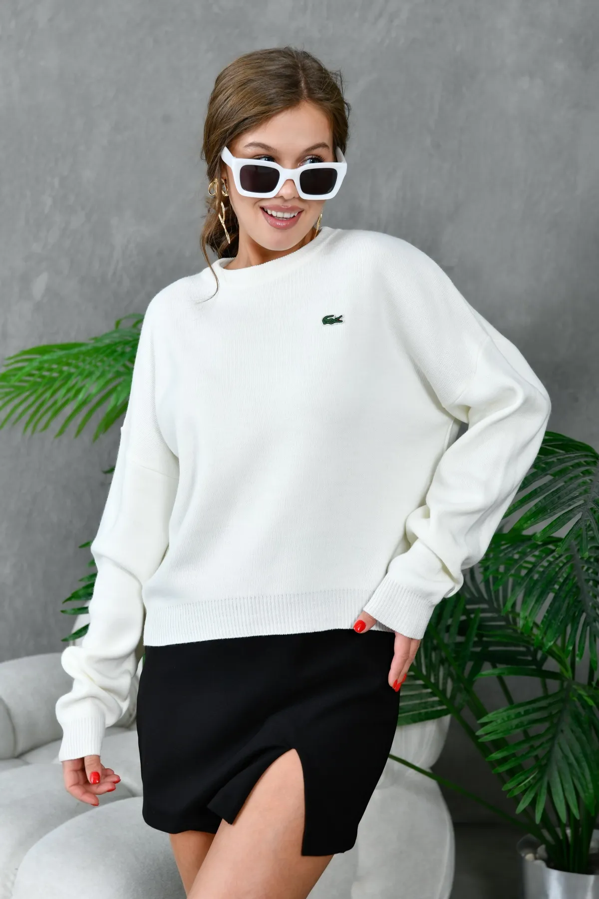 Kadın Bisiklet Yaka Düşük Omuz Salaş Triko Kazak 10946