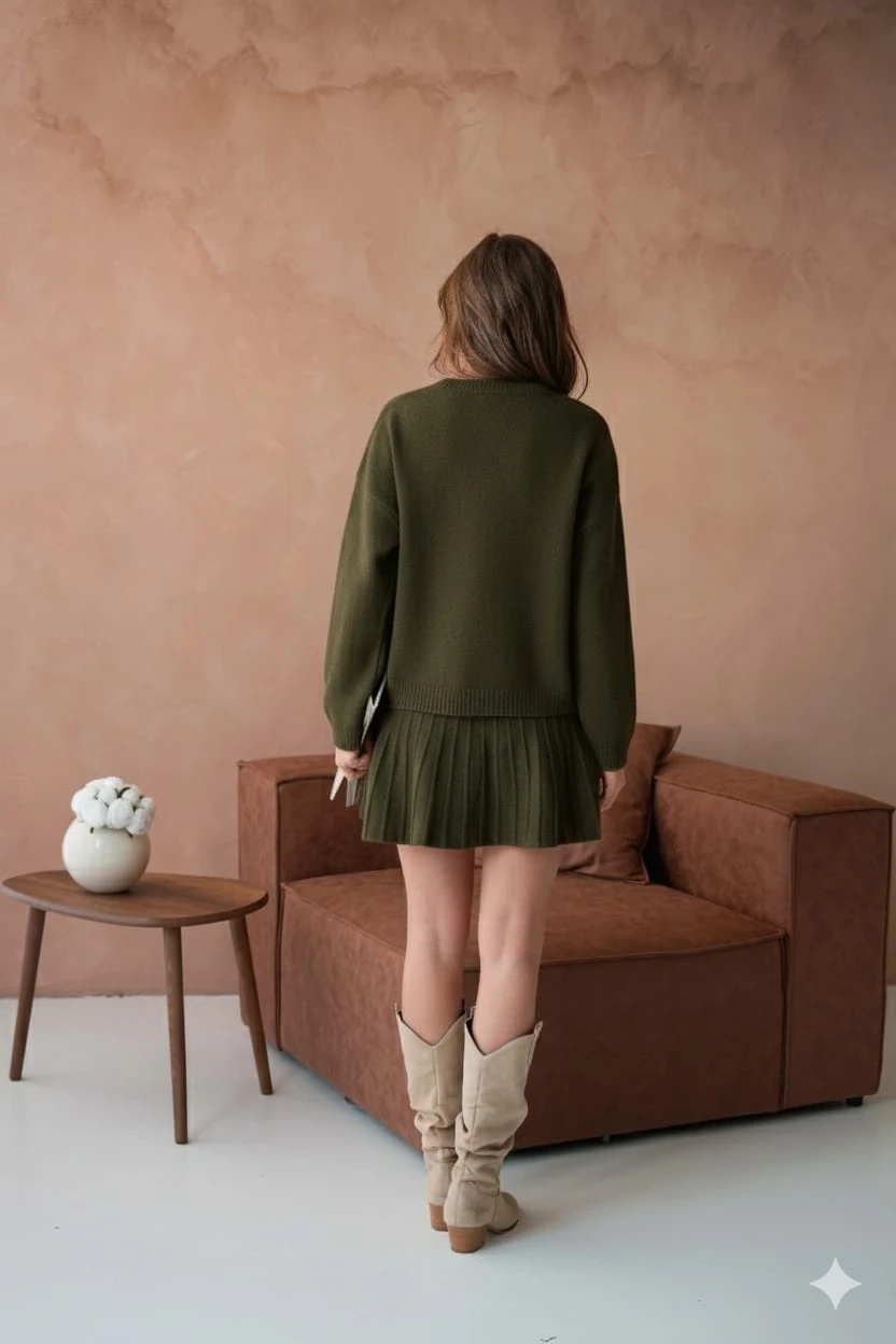 Kadın Bisiklet Yaka Etekli İkili Triko Takım