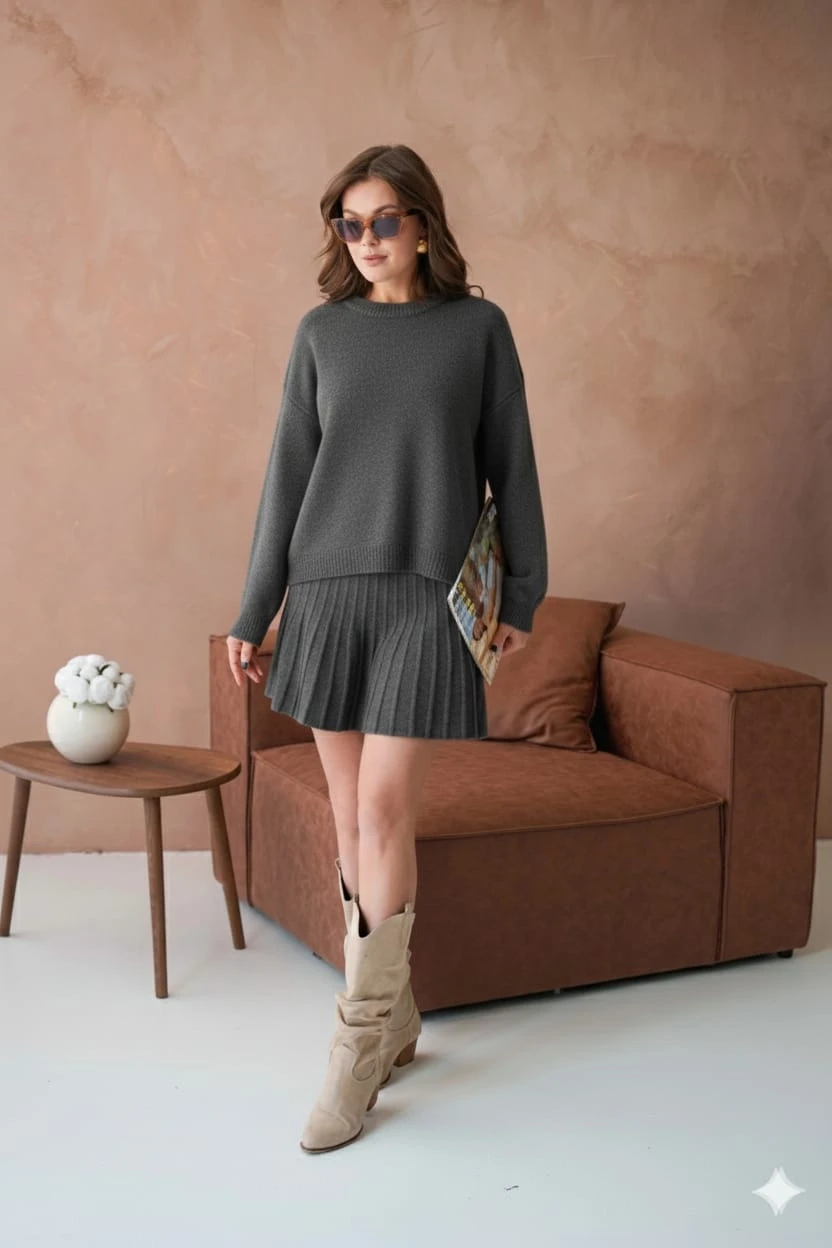 Kadın Bisiklet Yaka Etekli İkili Triko Takım