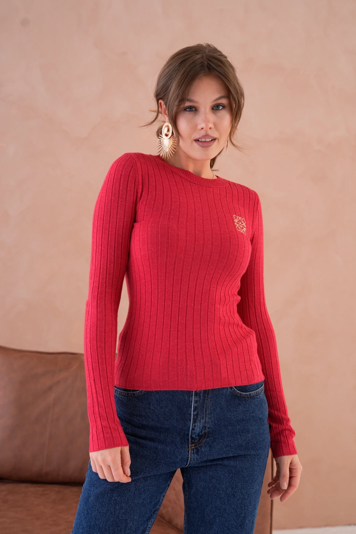 Kadın Bisiklet Yaka Fitilli Premium İplik Triko Kazak 224324