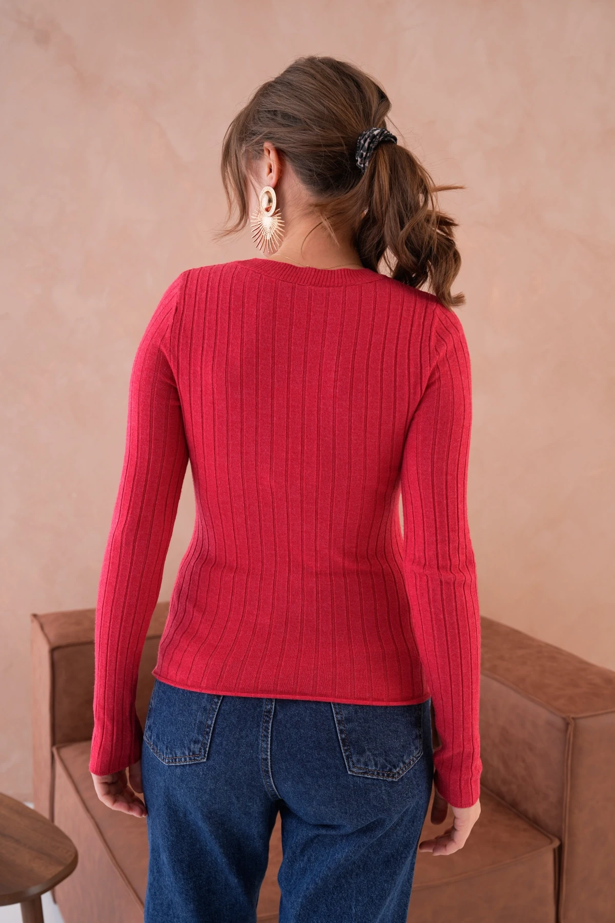 Kadın Bisiklet Yaka Fitilli Premium İplik Triko Kazak 224324