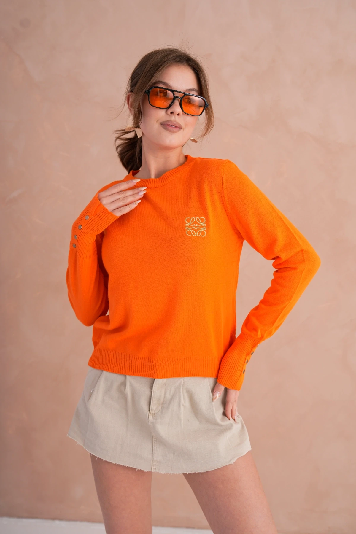 Kadın Bisiklet Yaka  Fitilli Süs Düğmeli Basic Triko  Kazak 224294