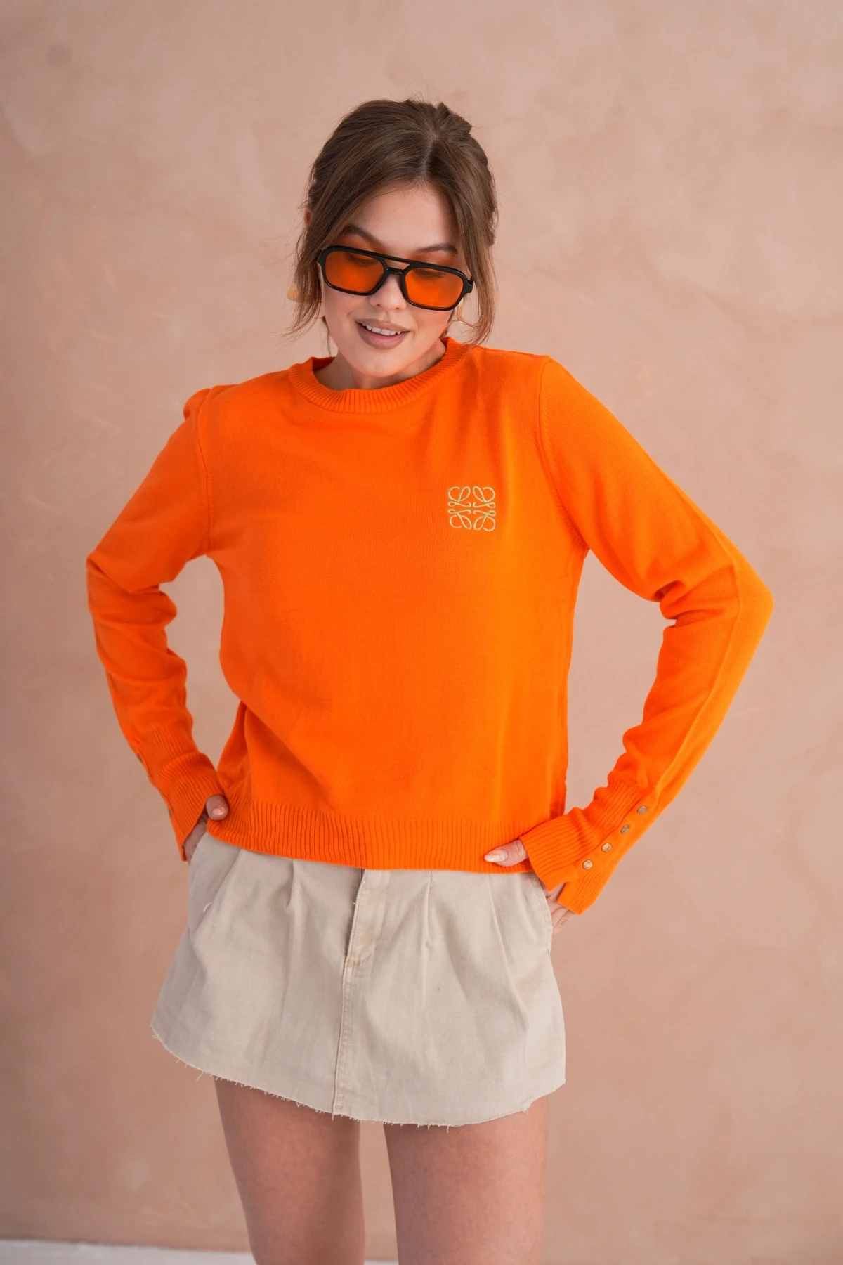 Kadın Bisiklet Yaka  Fitilli Süs Düğmeli Basic Triko  Kazak 224294