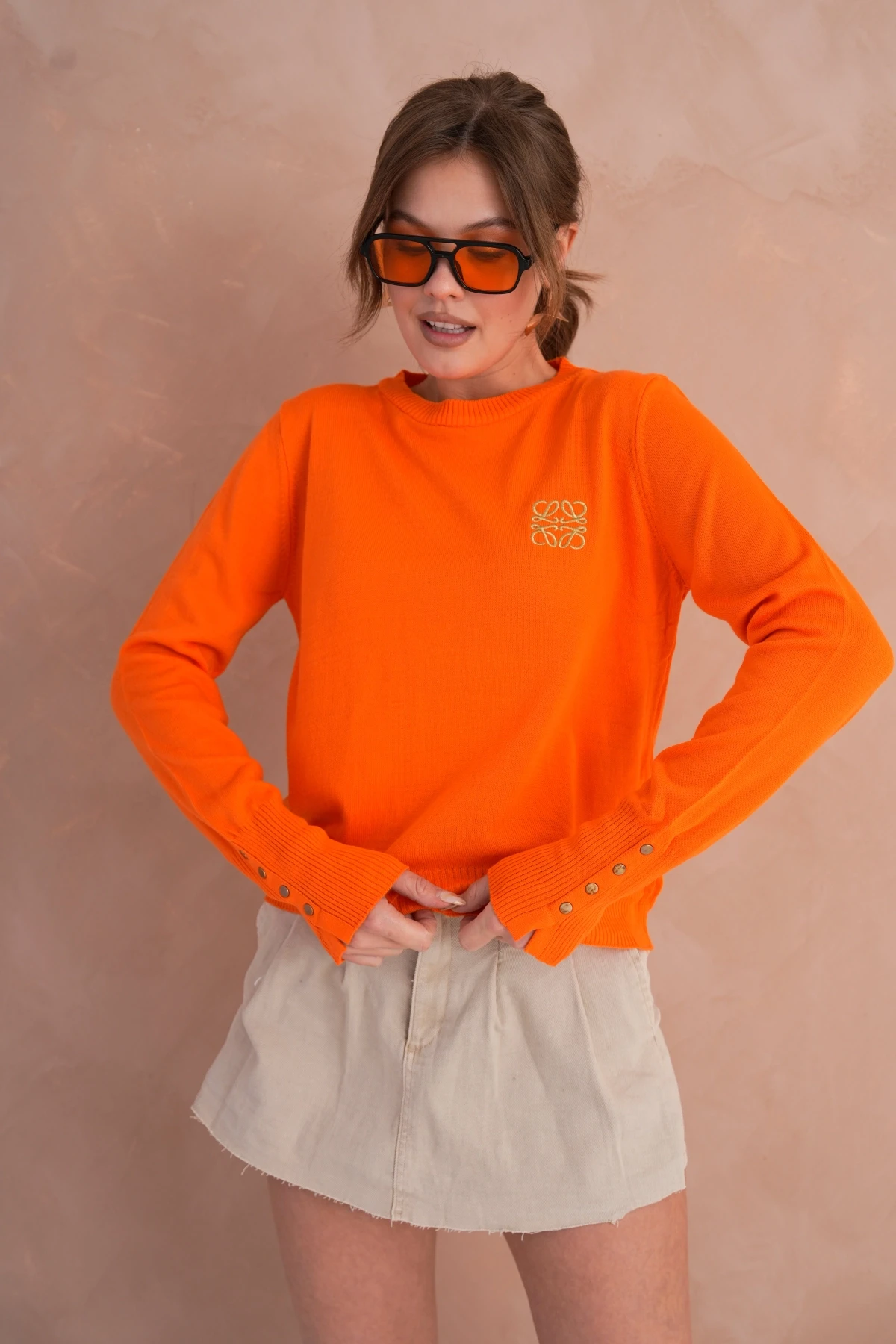 Kadın Bisiklet Yaka  Fitilli Süs Düğmeli Basic Triko  Kazak 224294