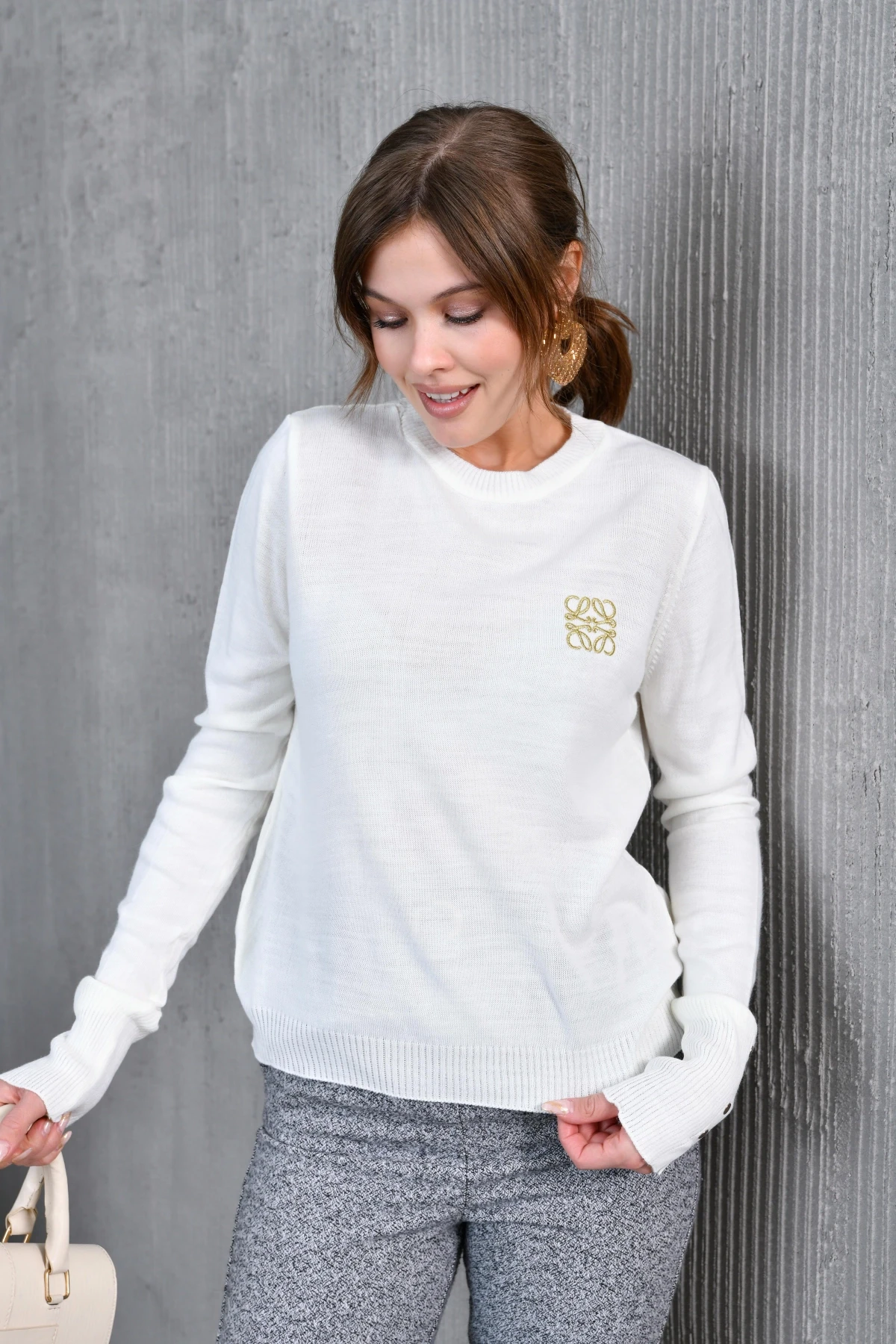 Kadın Bisiklet Yaka  Fitilli Süs Düğmeli Basic Triko  Kazak 224294