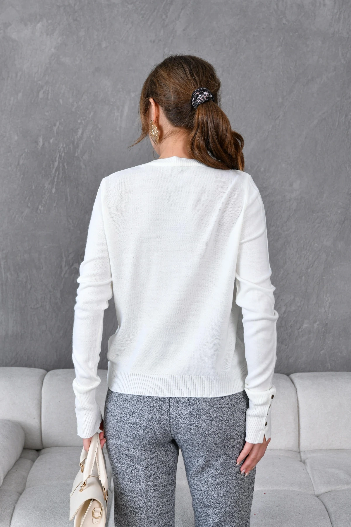 Kadın Bisiklet Yaka  Fitilli Süs Düğmeli Basic Triko  Kazak 224294