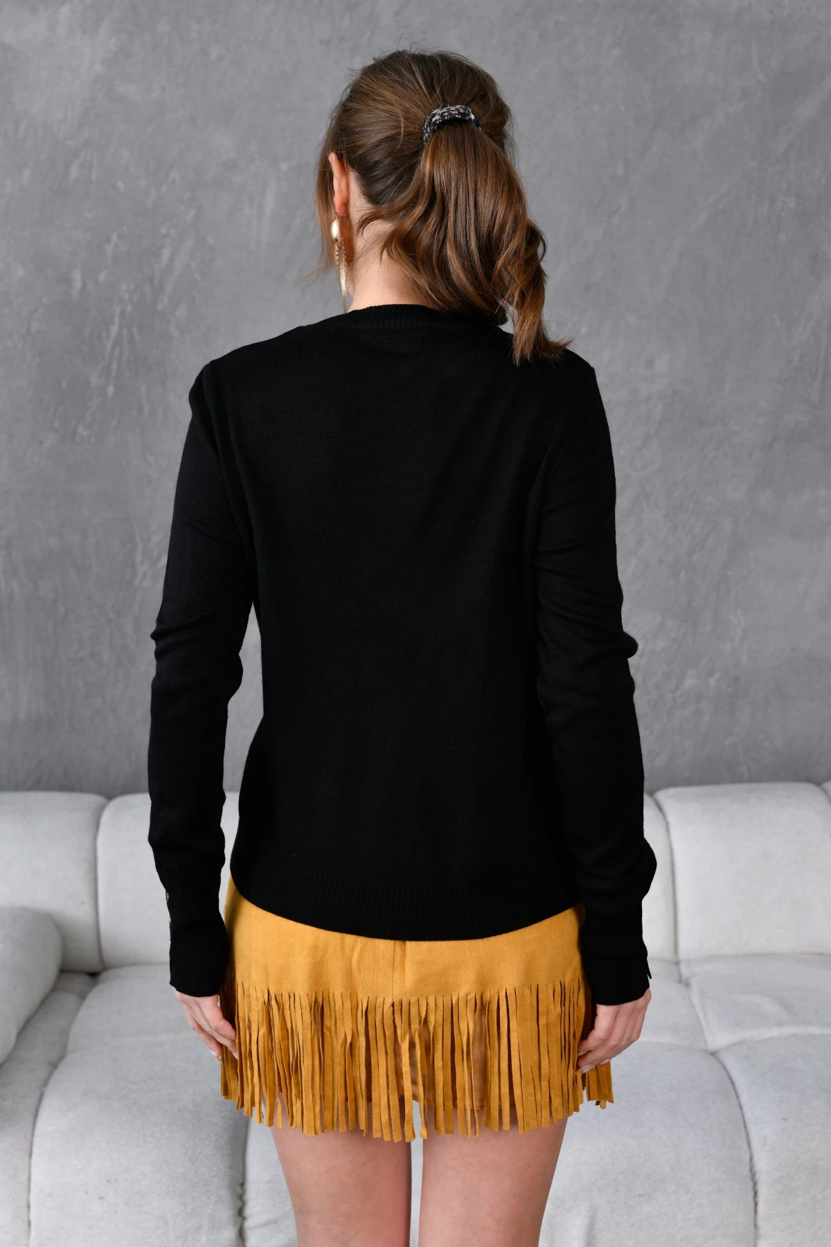 Kadın Bisiklet Yaka  Fitilli Süs Düğmeli Basic Triko  Kazak 224294