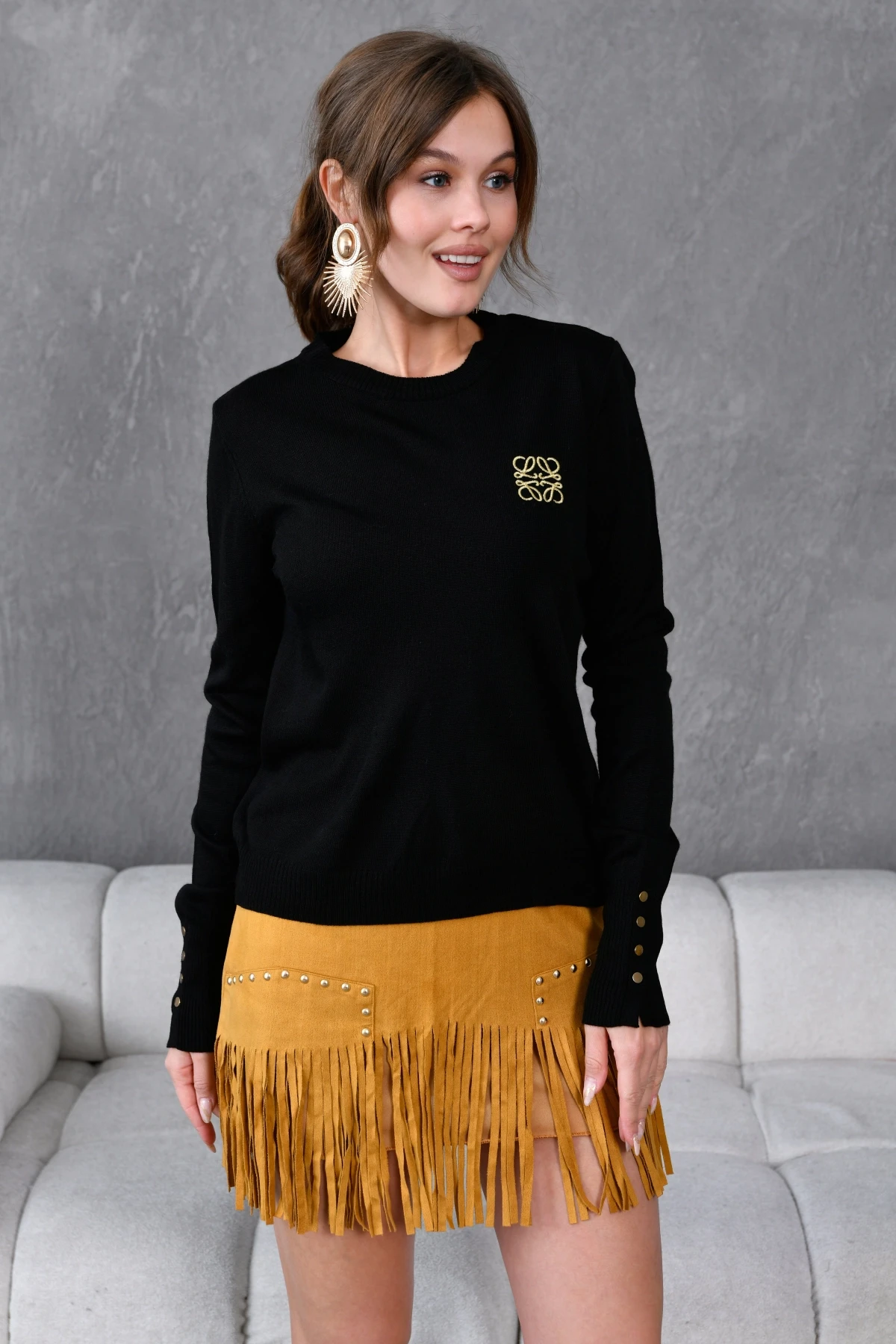 Kadın Bisiklet Yaka  Fitilli Süs Düğmeli Basic Triko  Kazak 224294