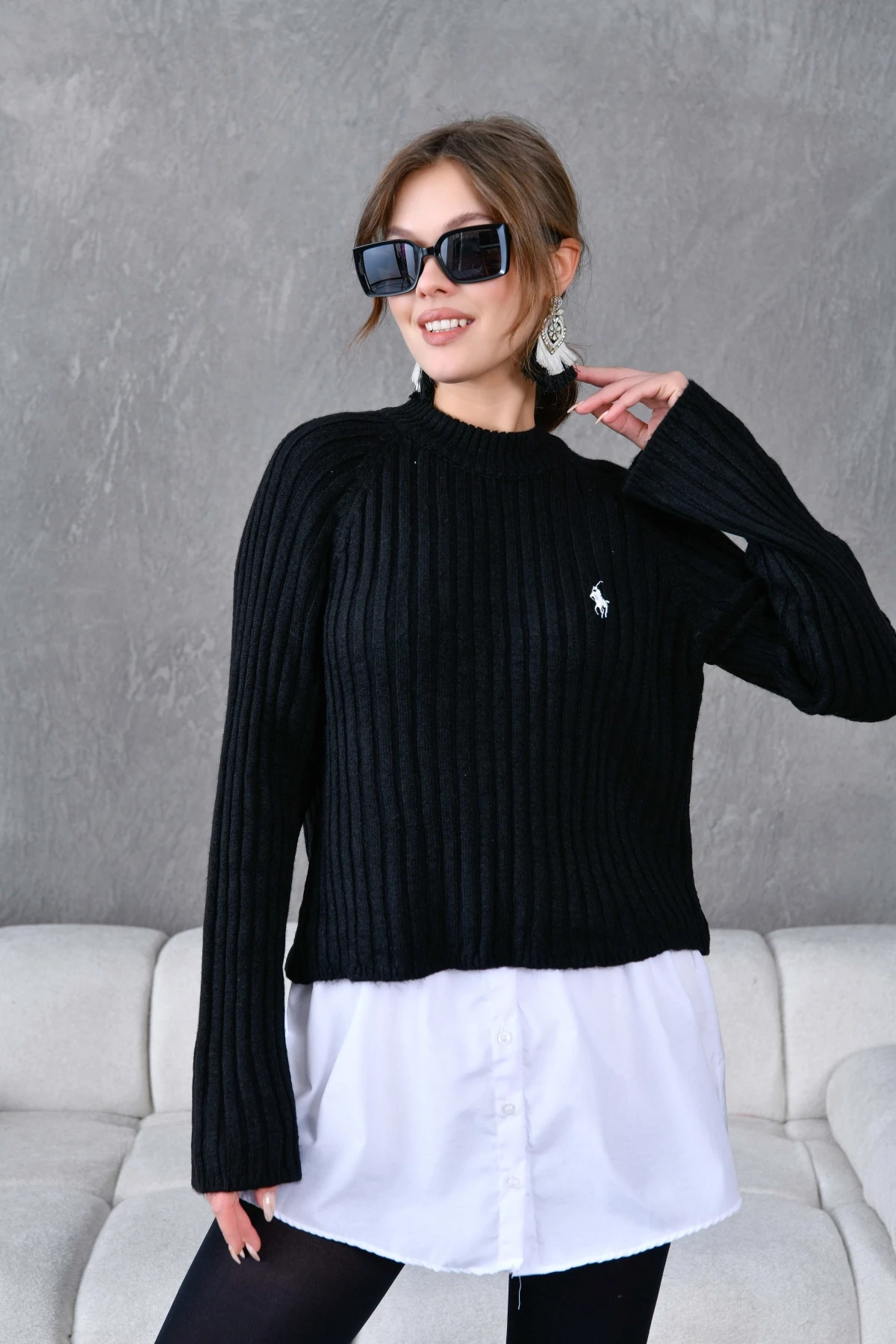 Kadın Bisiklet Yaka Fitilli Triko Kazak 8138Sw