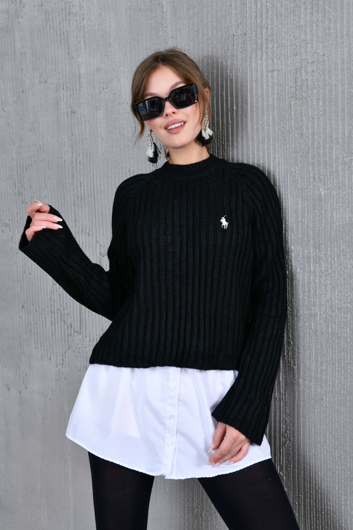 Kadın Bisiklet Yaka Fitilli Triko Kazak 8138Sw