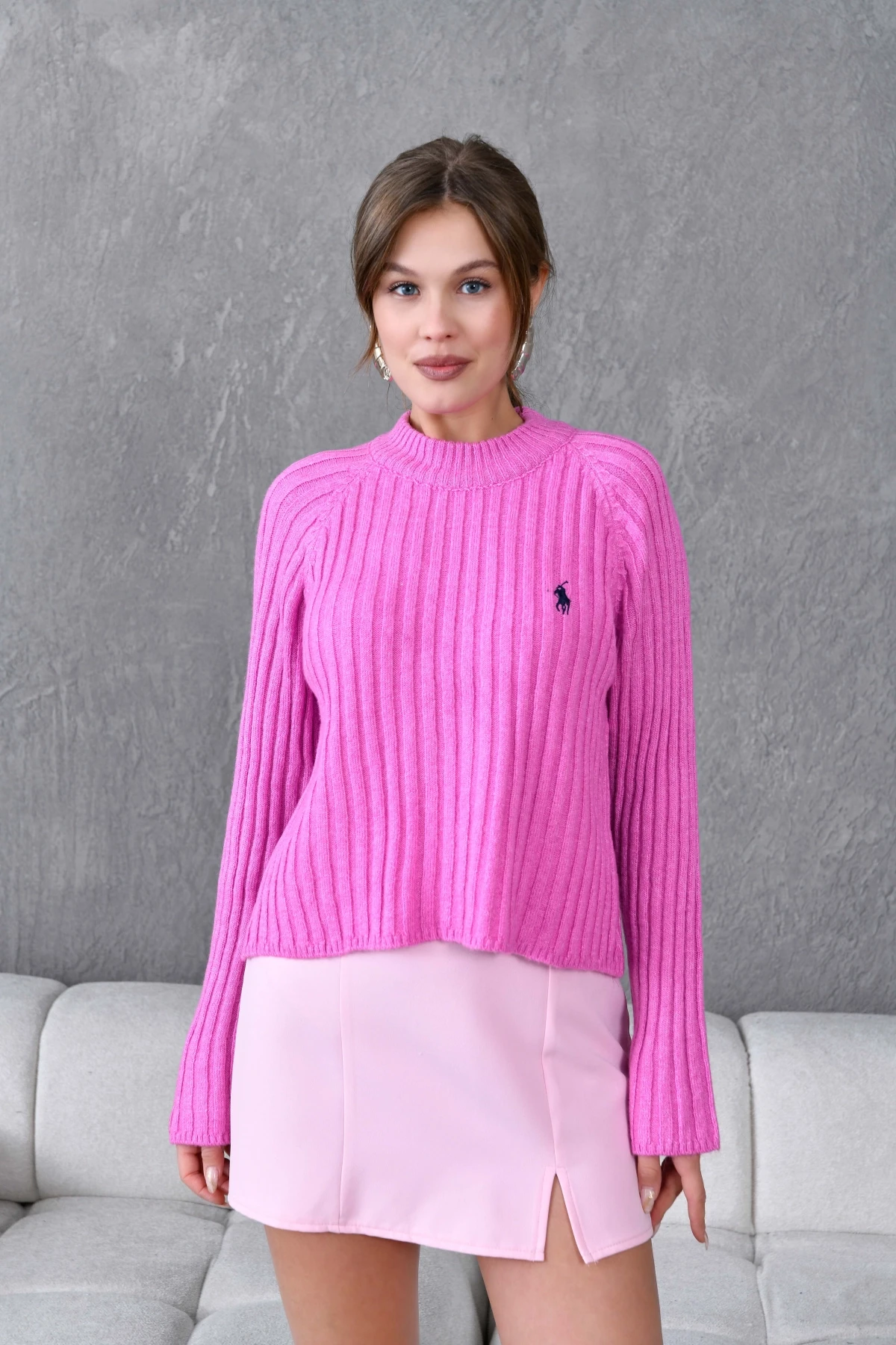 Kadın Bisiklet Yaka Fitilli Triko Kazak 8138Sw