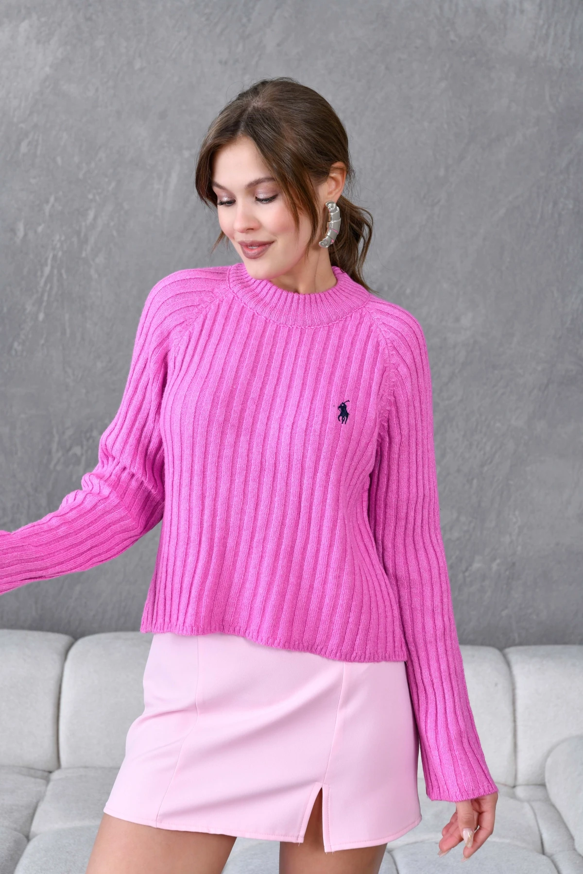 Kadın Bisiklet Yaka Fitilli Triko Kazak 8138Sw