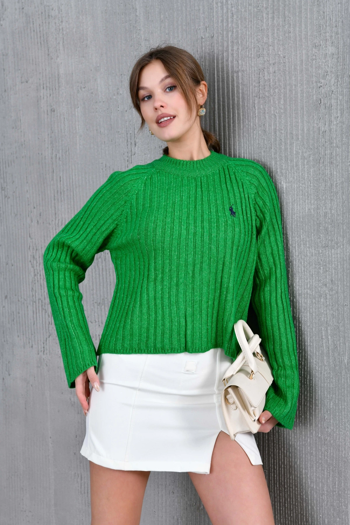 Kadın Bisiklet Yaka Fitilli Triko Kazak 8138Sw