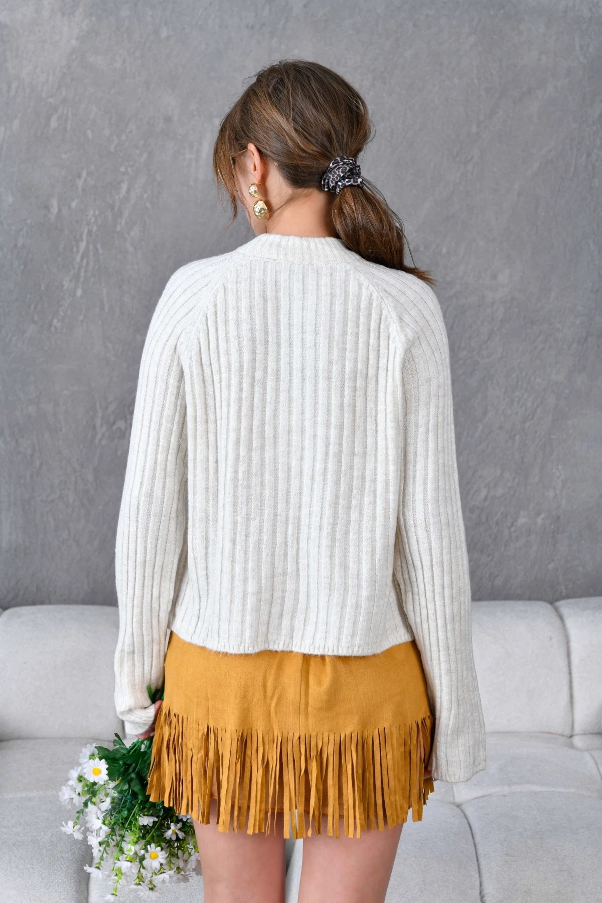 Kadın Bisiklet Yaka Fitilli Triko Kazak 8138Sw