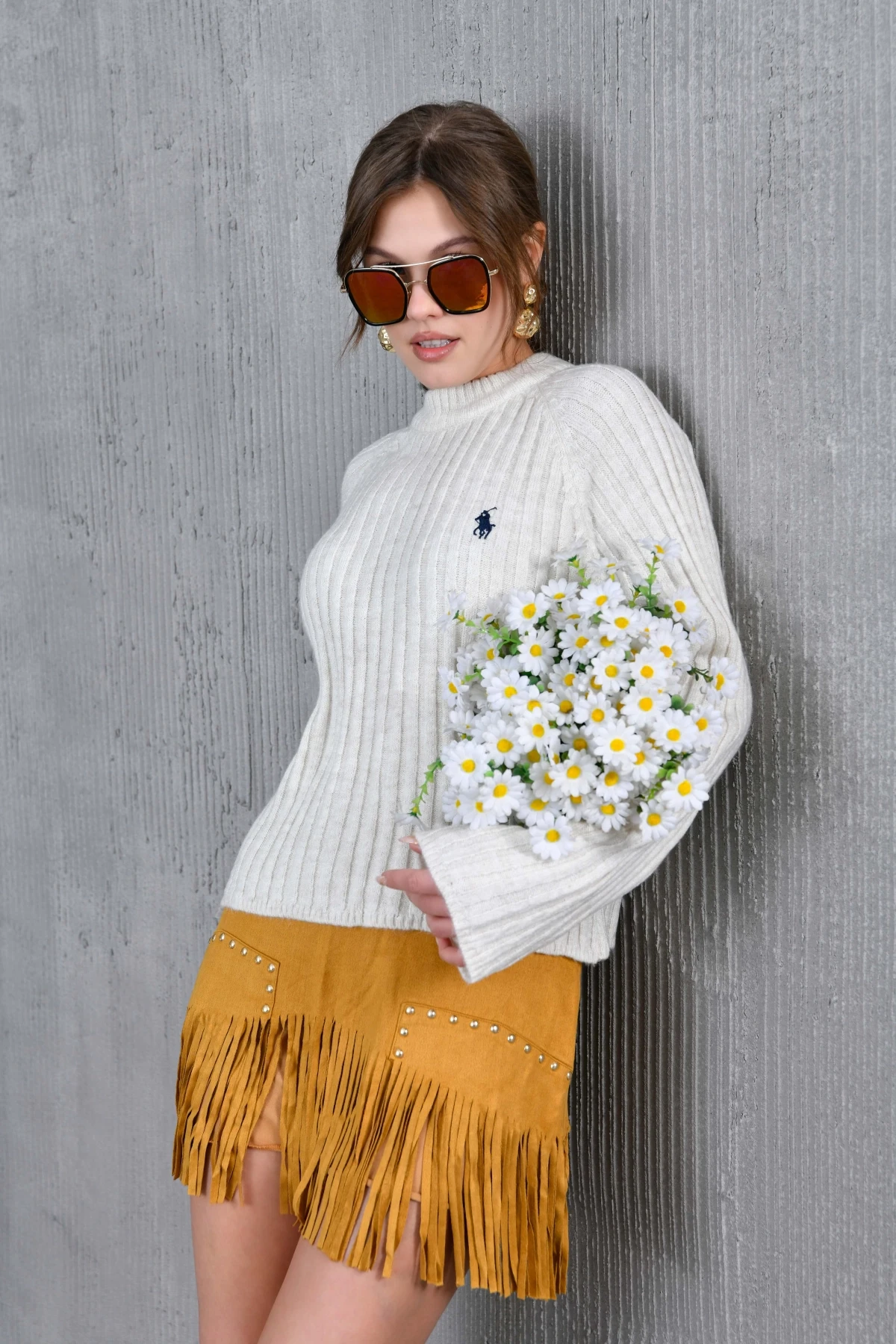 Kadın Bisiklet Yaka Fitilli Triko Kazak 8138Sw