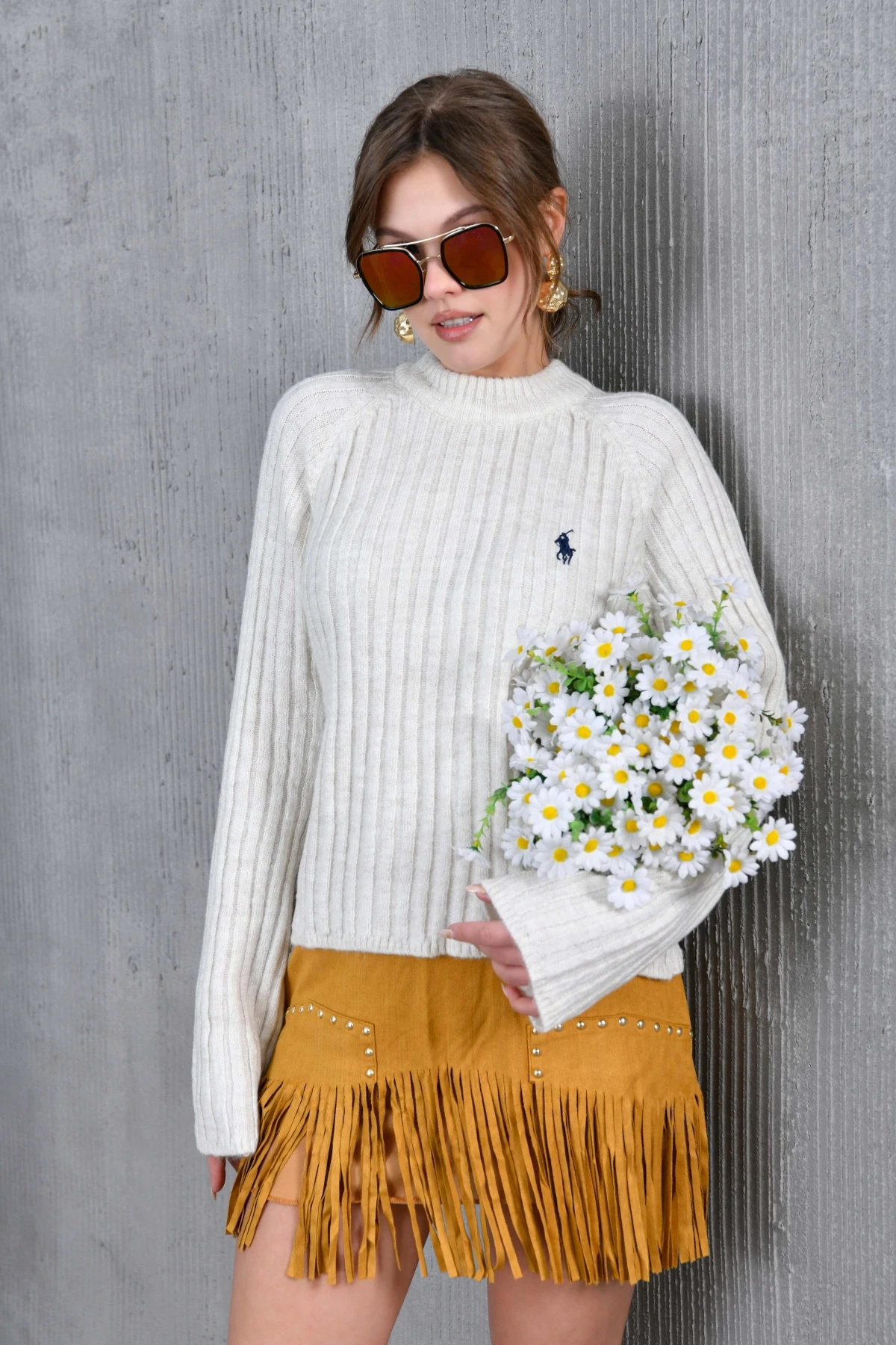 Kadın Bisiklet Yaka Fitilli Triko Kazak 8138Sw