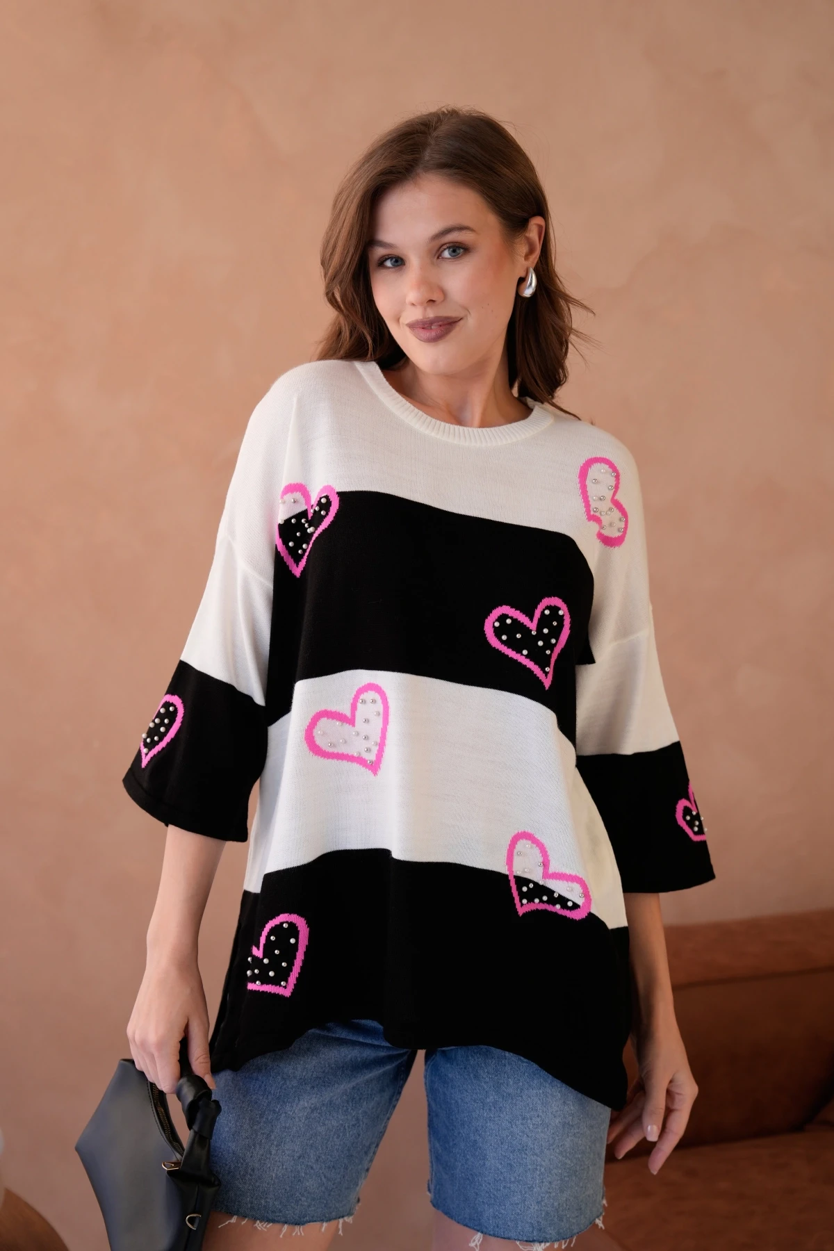 Kadın Bisiklet Yaka İnci İşlemeli Oversize Triko Kazak 10178