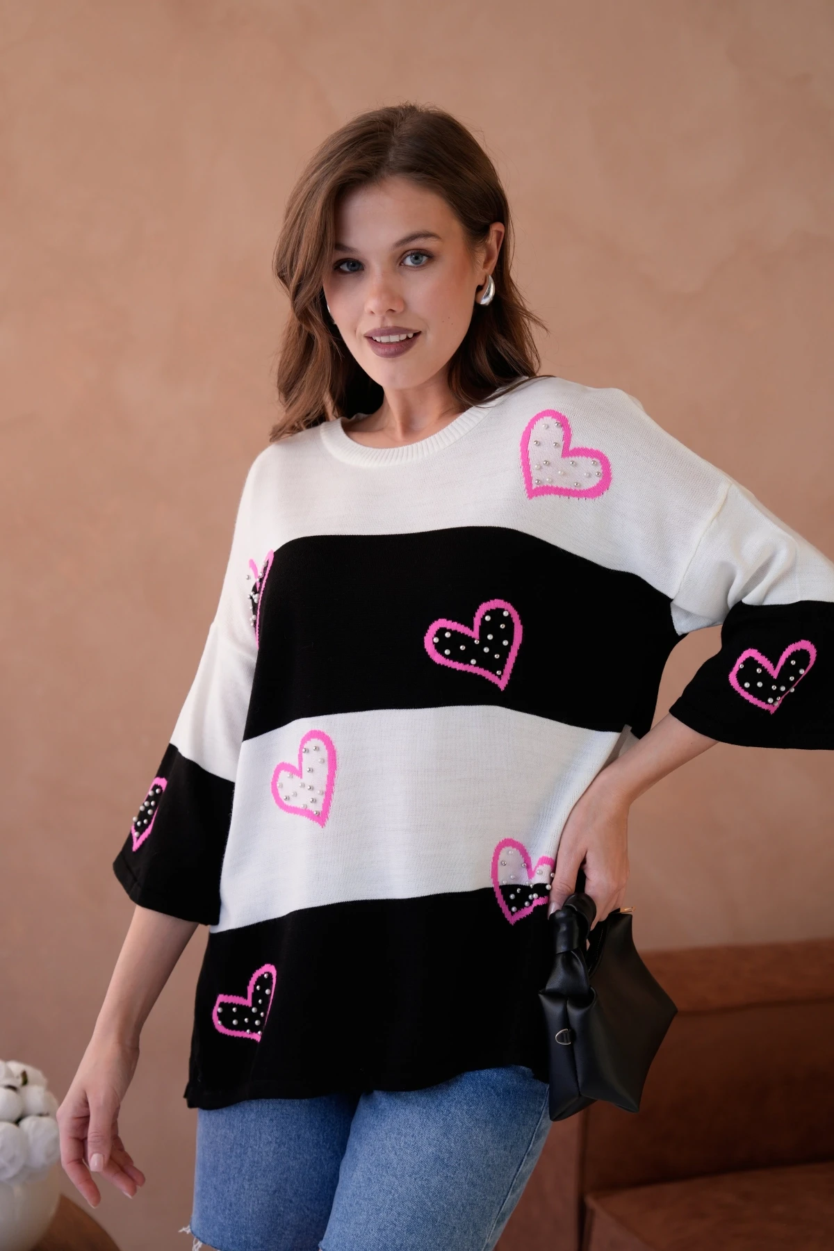 Kadın Bisiklet Yaka İnci İşlemeli Oversize Triko Kazak 10178