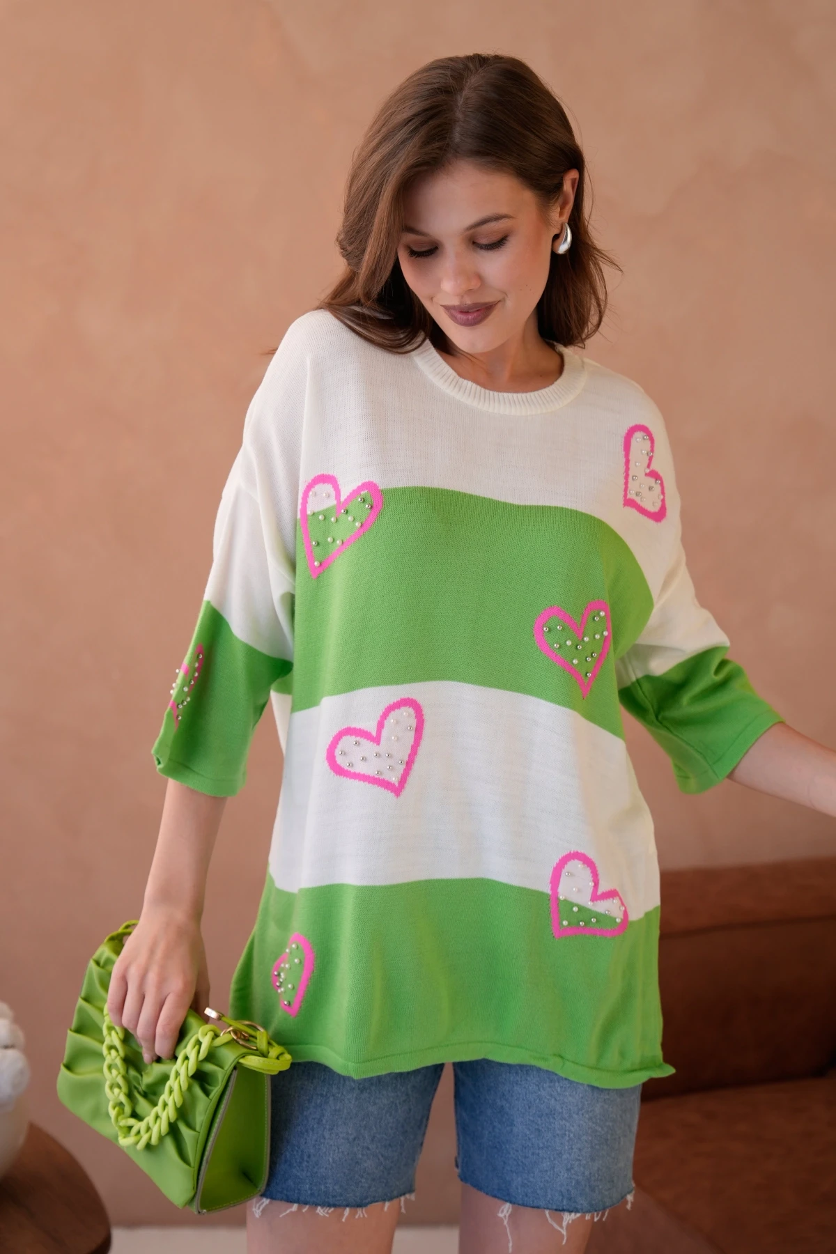 Kadın Bisiklet Yaka İnci İşlemeli Oversize Triko Kazak 10178