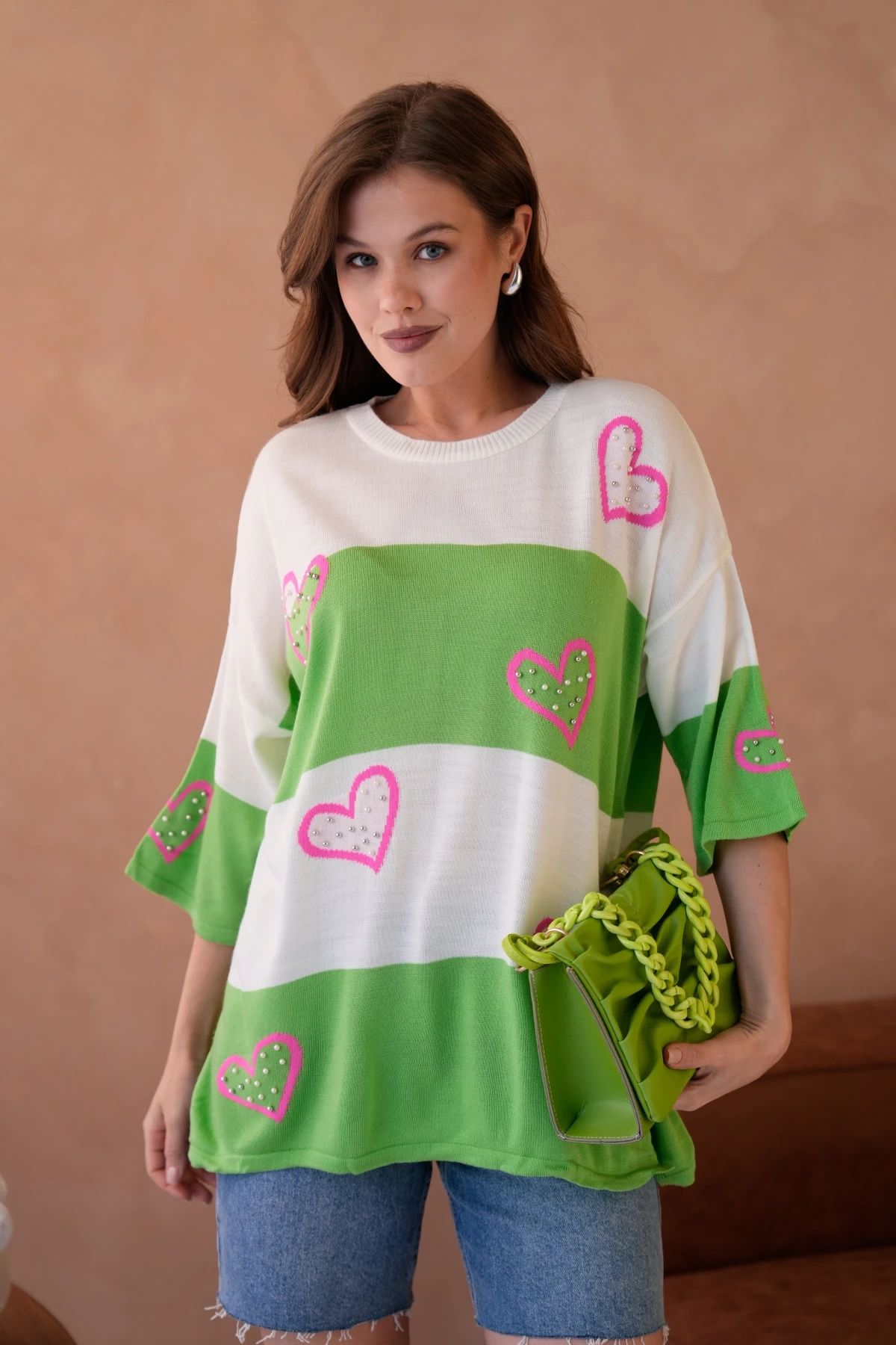 Kadın Bisiklet Yaka İnci İşlemeli Oversize Triko Kazak 10178