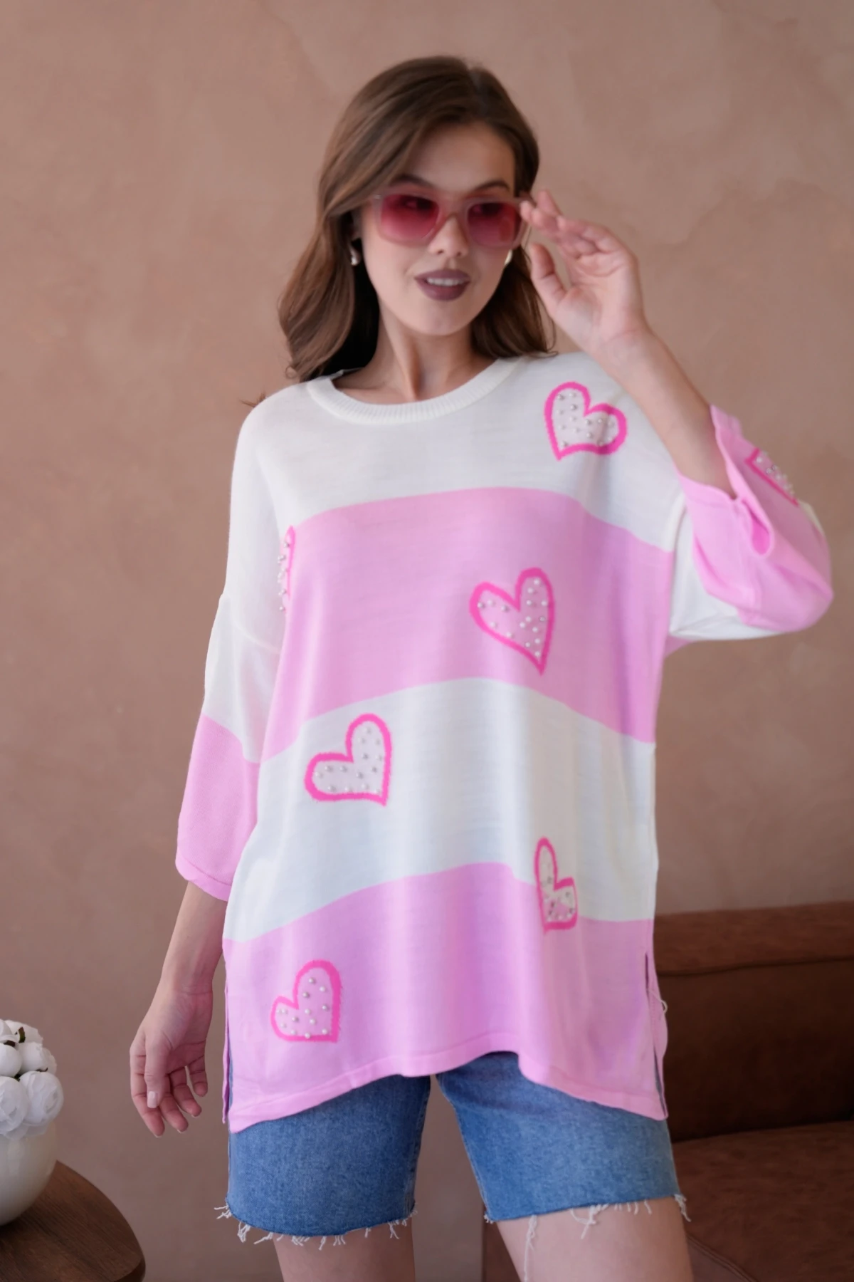 Kadın Bisiklet Yaka İnci İşlemeli Oversize Triko Kazak 10178