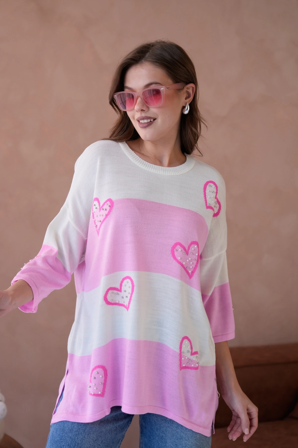 Kadın Bisiklet Yaka İnci İşlemeli Oversize Triko Kazak 10178