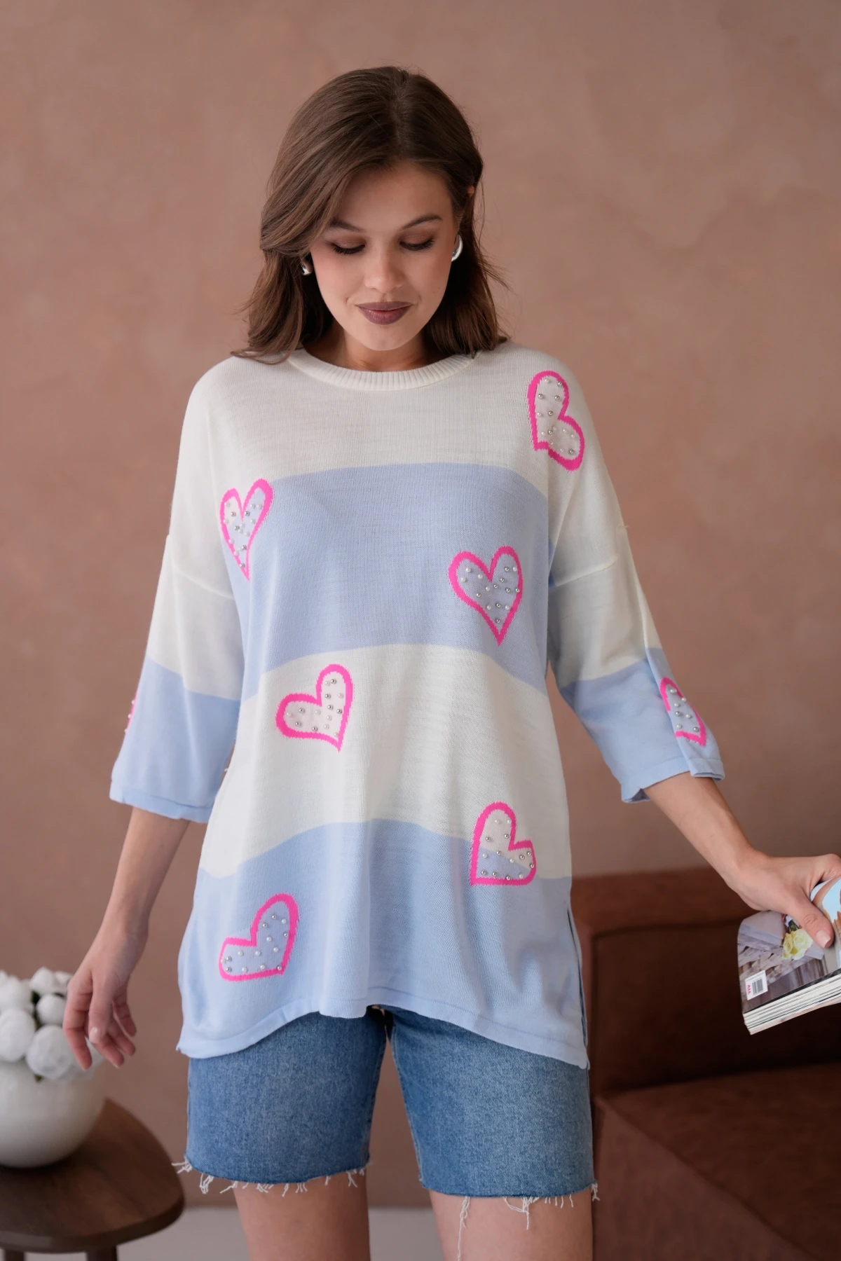 Kadın Bisiklet Yaka İnci İşlemeli Oversize Triko Kazak 10178