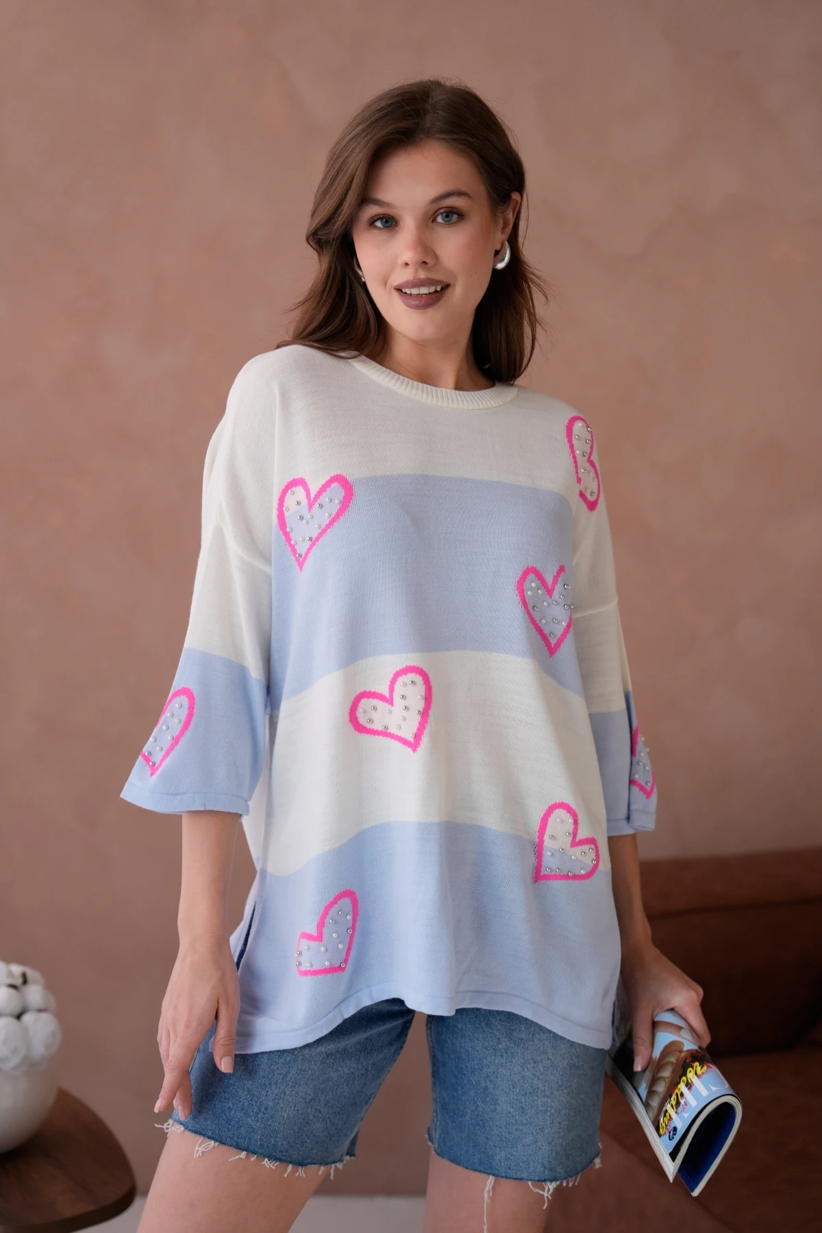 Kadın Bisiklet Yaka İnci İşlemeli Oversize Triko Kazak 10178