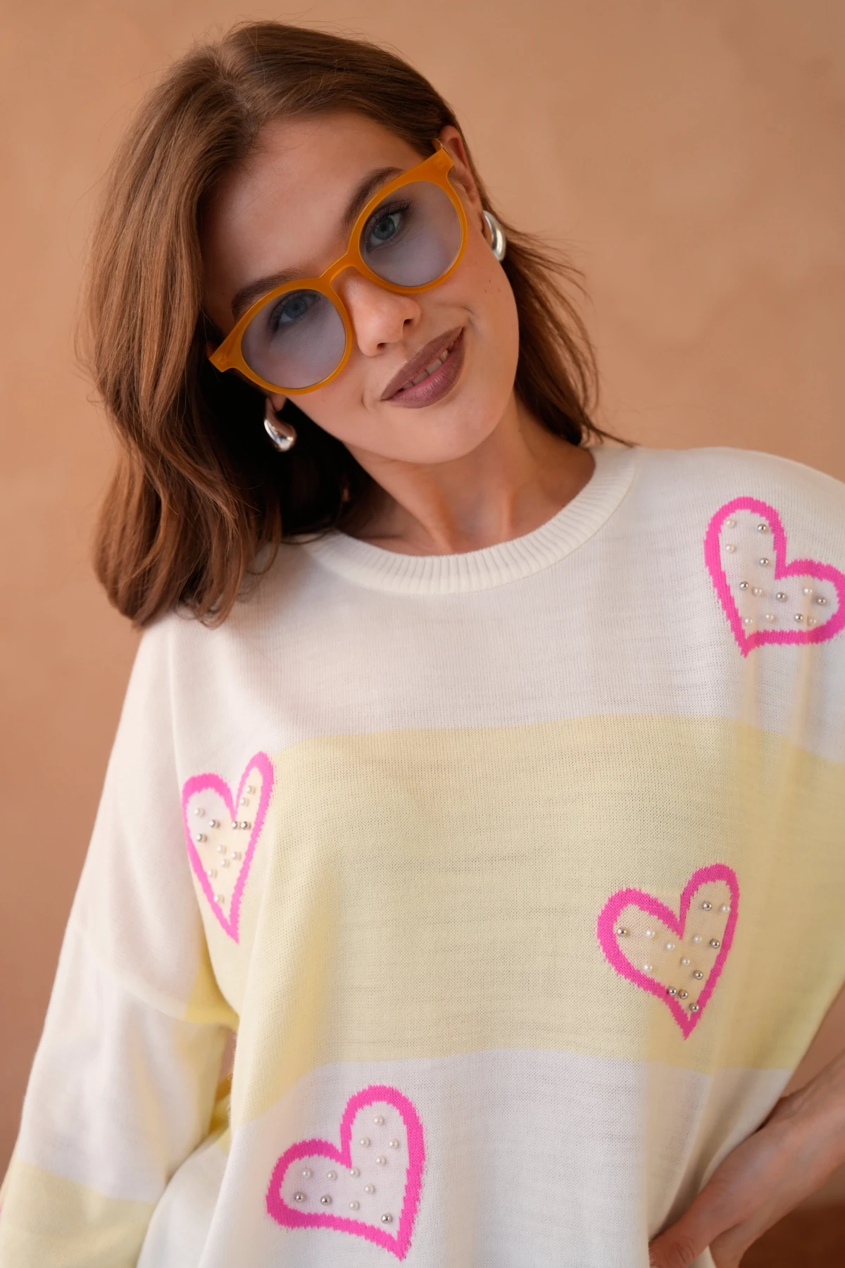 Kadın Bisiklet Yaka İnci İşlemeli Oversize Triko Kazak 10178