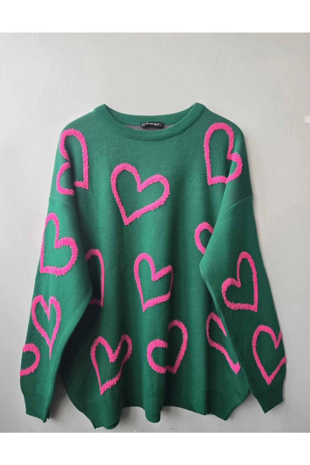 Kadın Bisiklet Yaka Kalp Desenli Salaş Triko Kazak