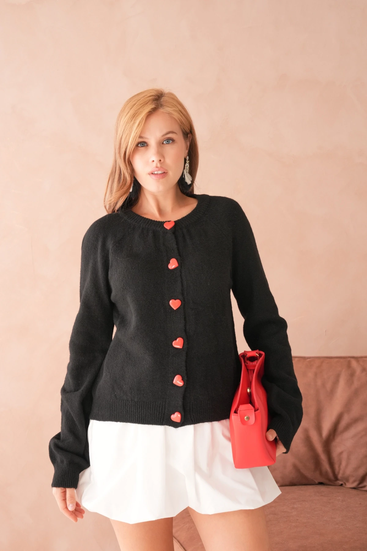 Kadın Bisiklet Yaka Kalp Düğme Detay Yumuşak Dokulu Triko Ceket 8569Sw