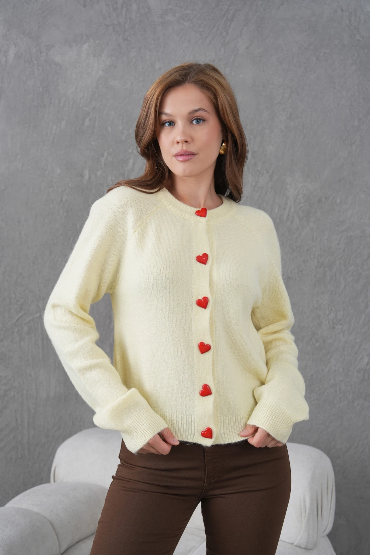 Kadın Bisiklet Yaka Kalp Düğme Detay Yumuşak Dokulu Triko Ceket 8569Sw