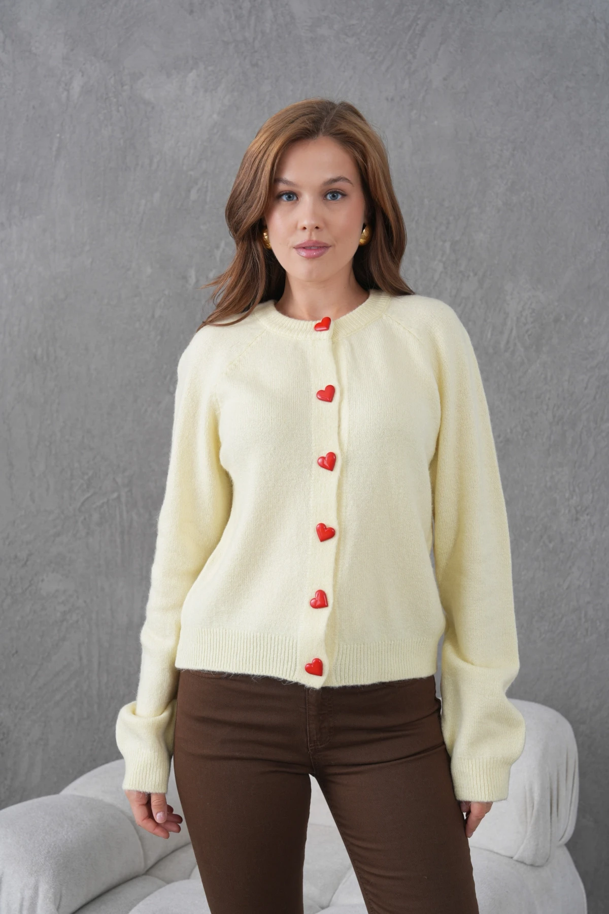 Kadın Bisiklet Yaka Kalp Düğme Detay Yumuşak Dokulu Triko Ceket 8569Sw