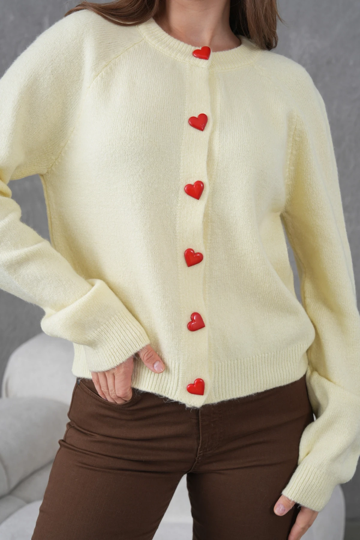 Kadın Bisiklet Yaka Kalp Düğme Detay Yumuşak Dokulu Triko Ceket 8569Sw