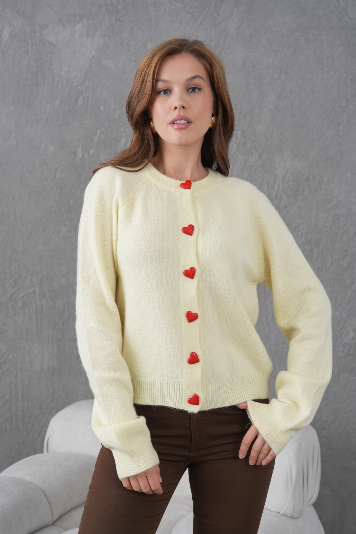 Kadın Bisiklet Yaka Kalp Düğme Detay Yumuşak Dokulu Triko Ceket 8569Sw