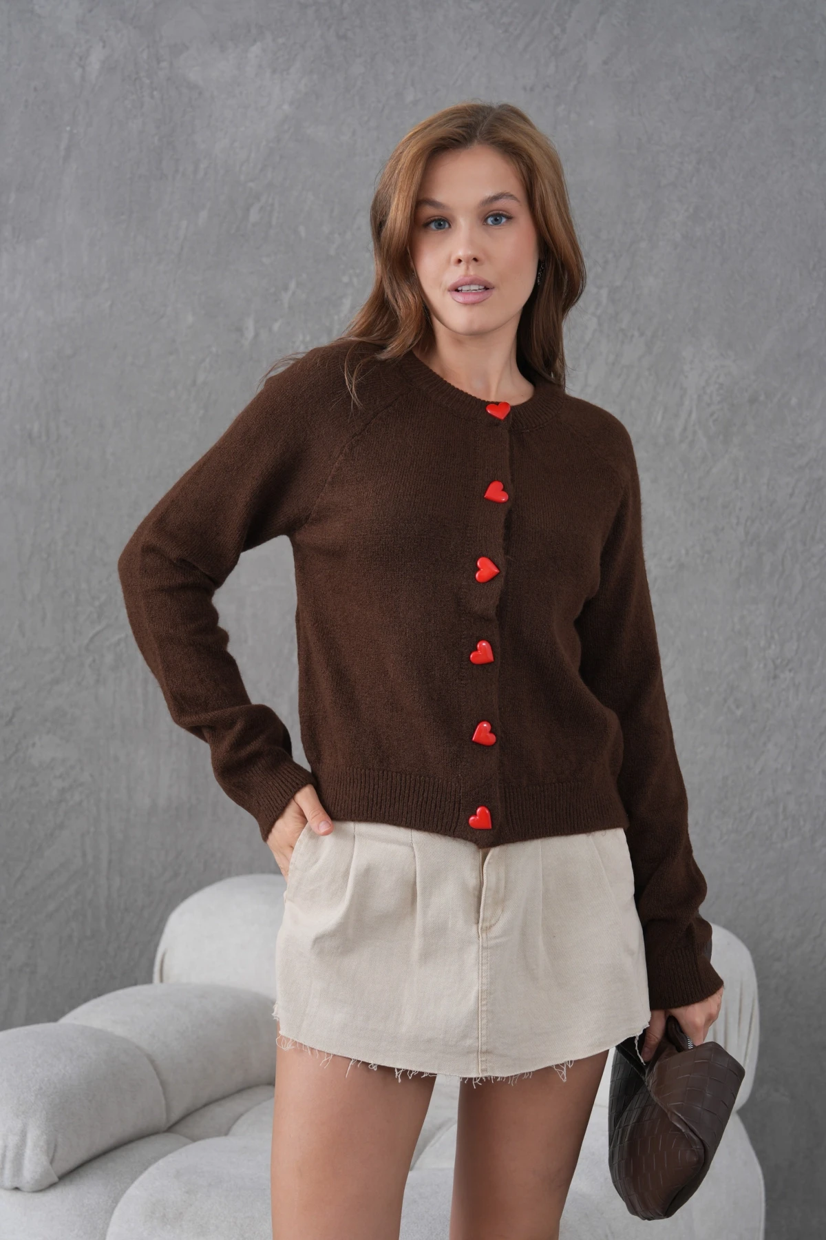 Kadın Bisiklet Yaka Kalp Düğme Detay Yumuşak Dokulu Triko Ceket 8569Sw